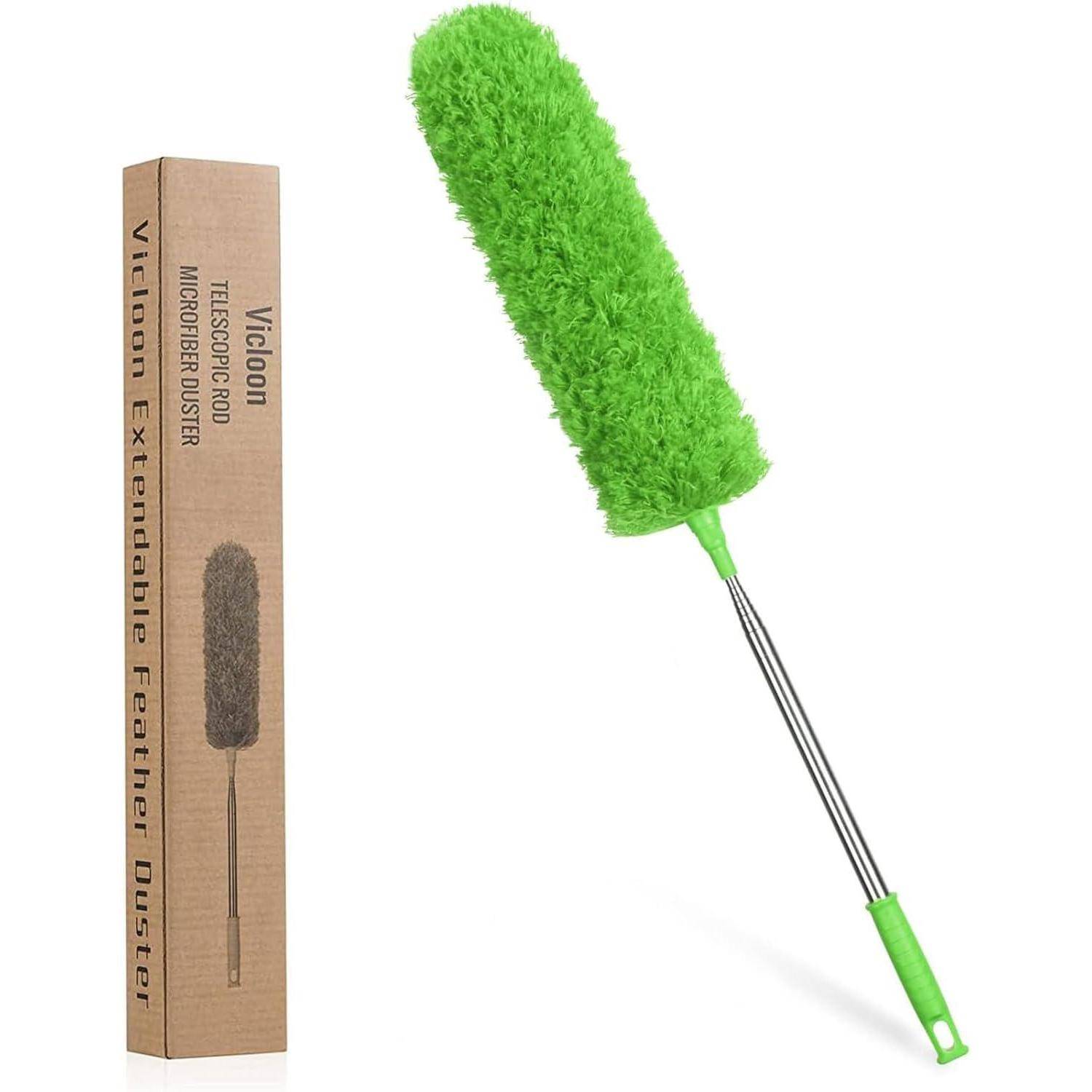 Grüner ausziehbarer Staubwedel mit Karton, beschriftet mit 'Vicloon Ausziehbarer Federstaubwedel', konzipiert für die Reinigung schwer zugänglicher Bereiche.