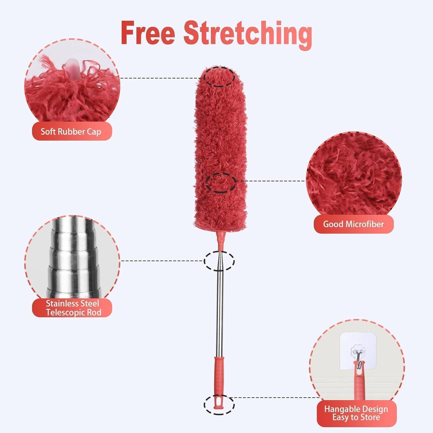 Rotes Staubtuch mit Beschriftung 'Free Stretching' mit folgenden Merkmalen: 'Weiche Gummikappe', 'Gutes Mikrofasertuch', 'Teleskopstange aus Edelstahl', 'Hängbare Konstruktion – leicht zu verstauen'.