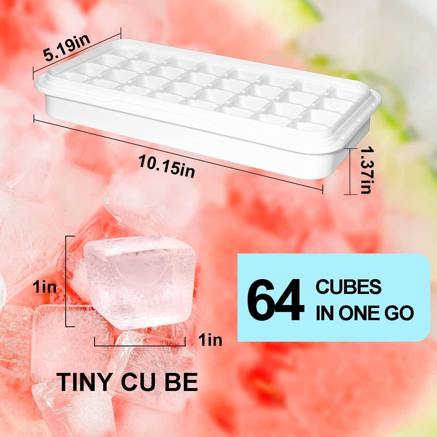 Eiswürfelformen-Abmessungen auf Wassermelonenhintergrund überlagert, zeigt, dass die Form '64 Würfel auf einmal' fasst. Nahaufnahme eines 'winzigen Würfels'.