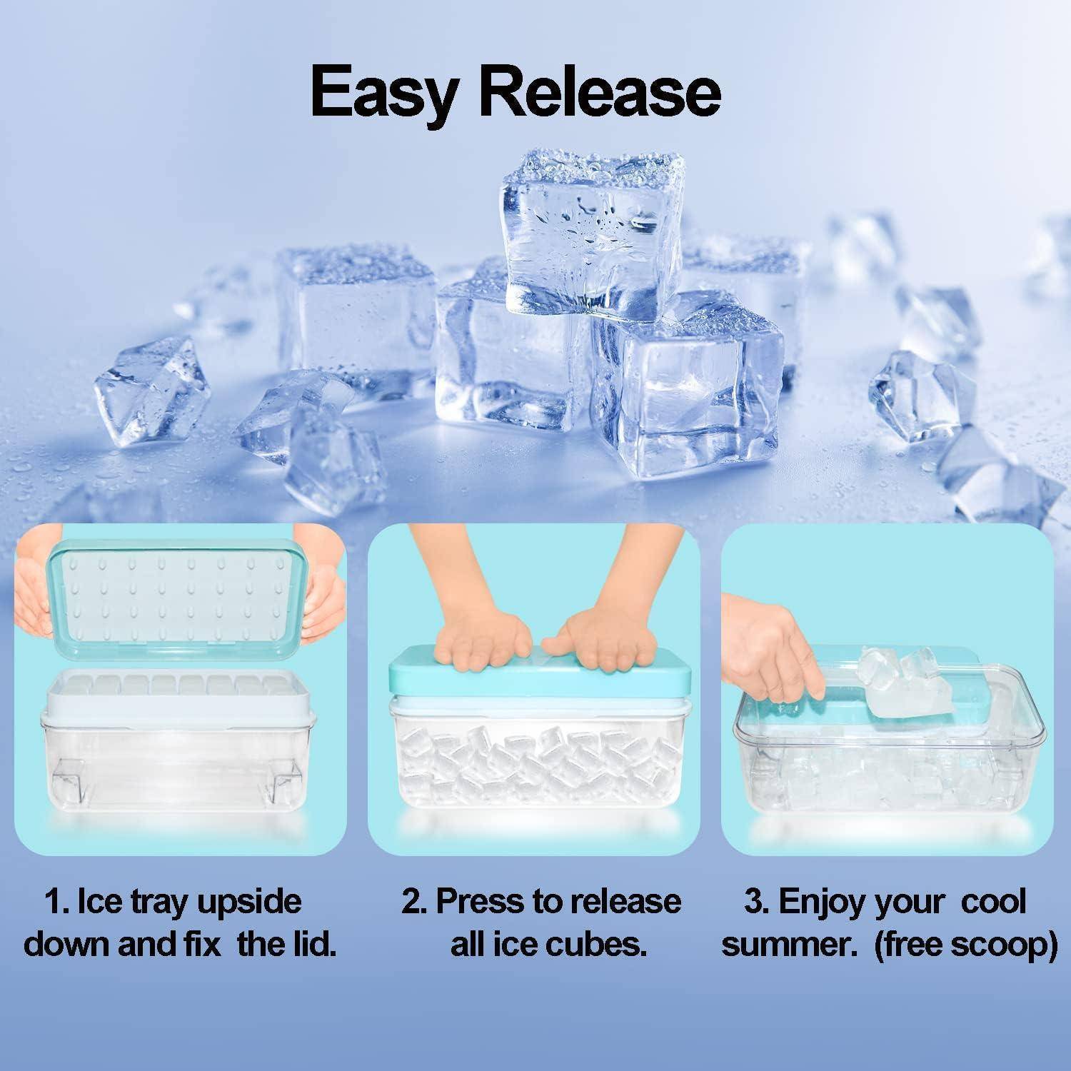 Einfaches Herauslösen' Anleitung für die Verwendung einer Eiswürfelschale: 1. Schale umdrehen und Deckel befestigen. 2. Drücken, um Eiswürfel zu lösen. 3. Sommer genießen.