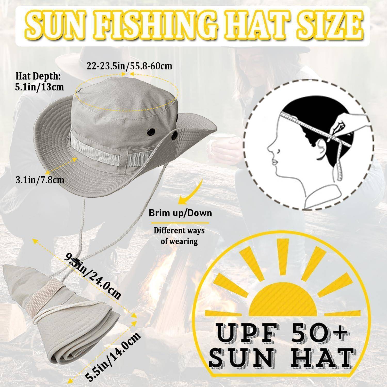 Sonnenfischerhut Größenführer. Huttiefe: 5,1 Zoll/13 cm. Hutkrempenbreite: 3,1 Zoll/7,8 cm bis 9,5 Zoll/24 cm. UPF 50+ Sonnenhut. Verschiedene Tragweisen.