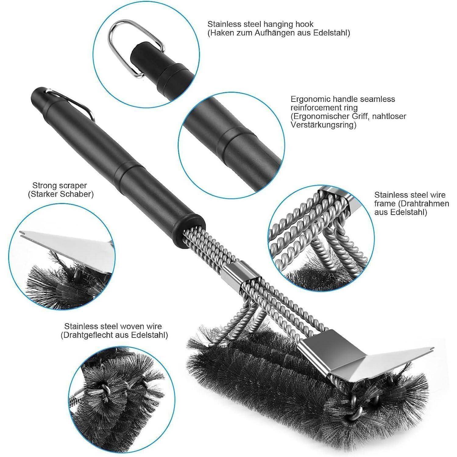 Ein Grillbürste mit ergonomischem Griff, starkem Schaber, gewebter Edelstahlborste und Aufhängehaken für effiziente Reinigung.