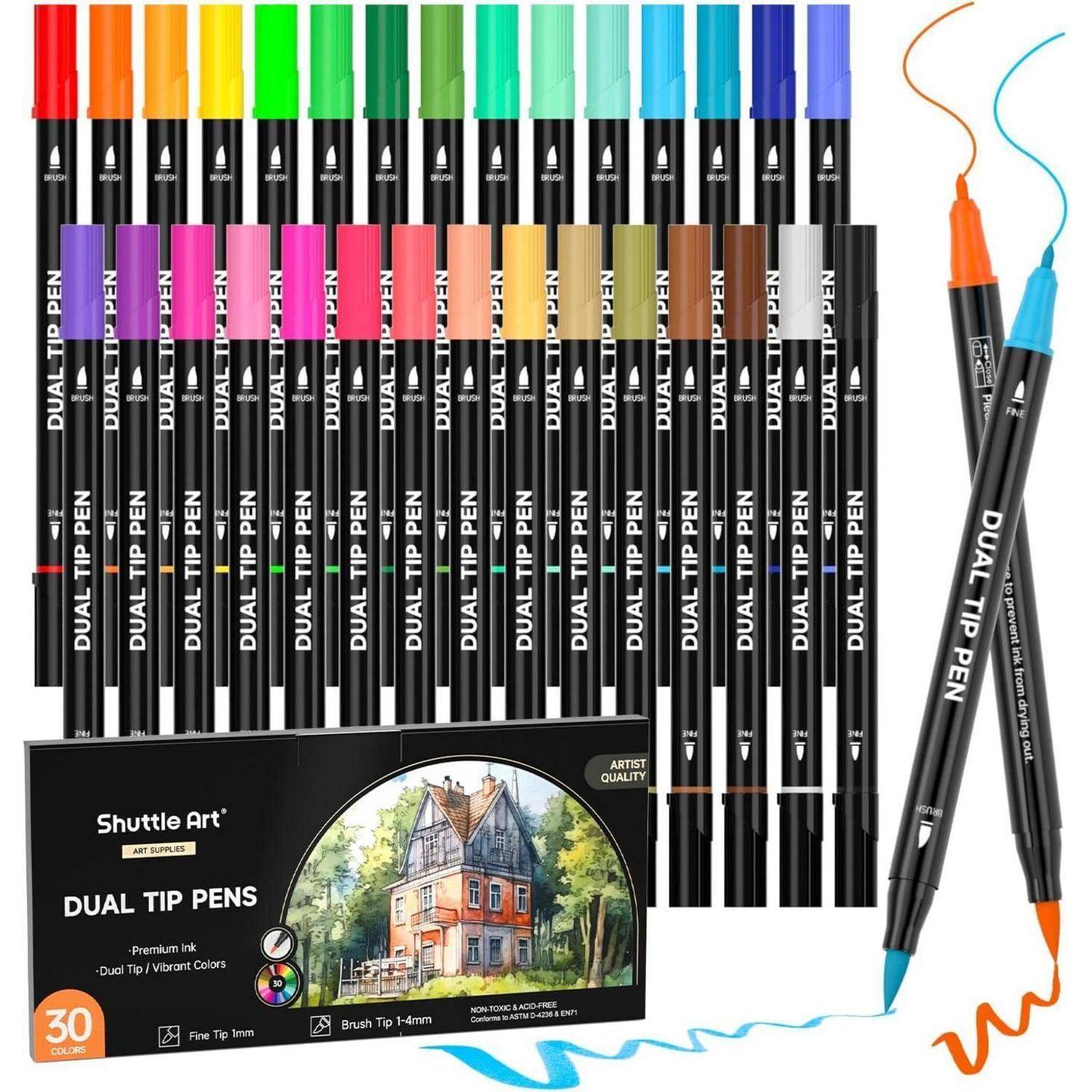 Set mit 30 farbigen Doppelspitzen-Stiften von Shuttle Art, vertikal angeordnet. Inklusive einer Verpackungsbox mit einem illustrierten Haus.