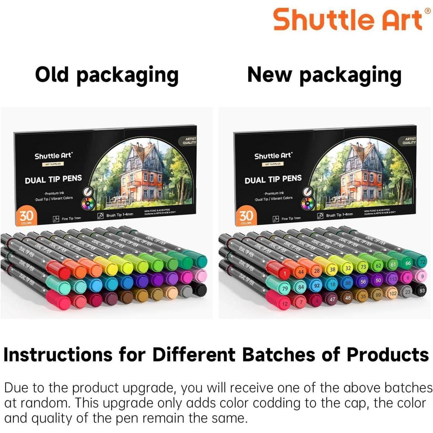 Die Vergleichsstudie der 'Shuttle Art Dual Tip Stifte' zwischen alter und neuer Verpackung zeigt identische Designs, wobei in der neuen Version farbcodierte Deckel hinzugefügt wurden.