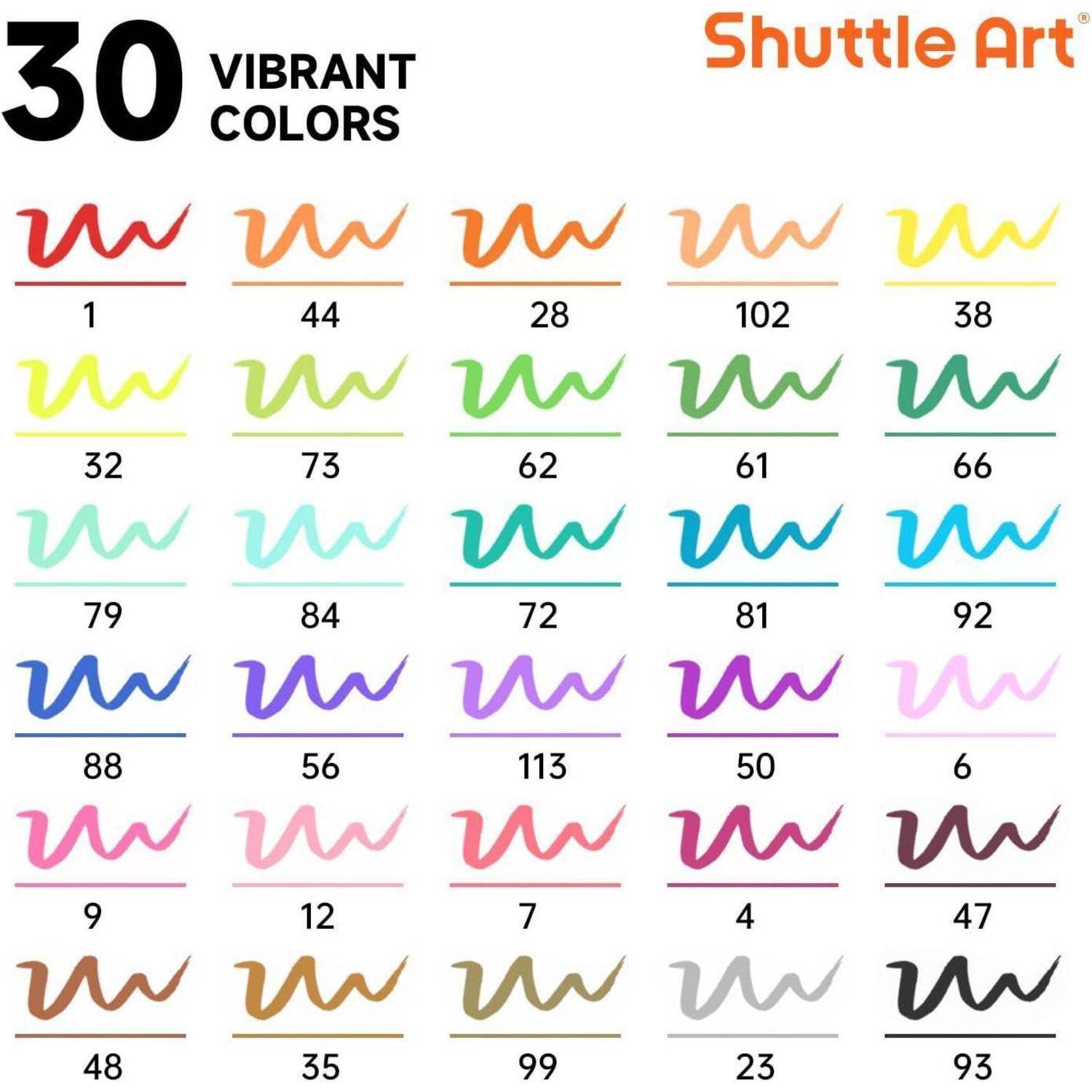 30 Lebendige Farben'-Diagramm von Shuttle Art, das ein Raster von bunten Farbfeldern von 1 bis 113 zeigt und eine große Bandbreite von Farbtönen veranschaulicht.