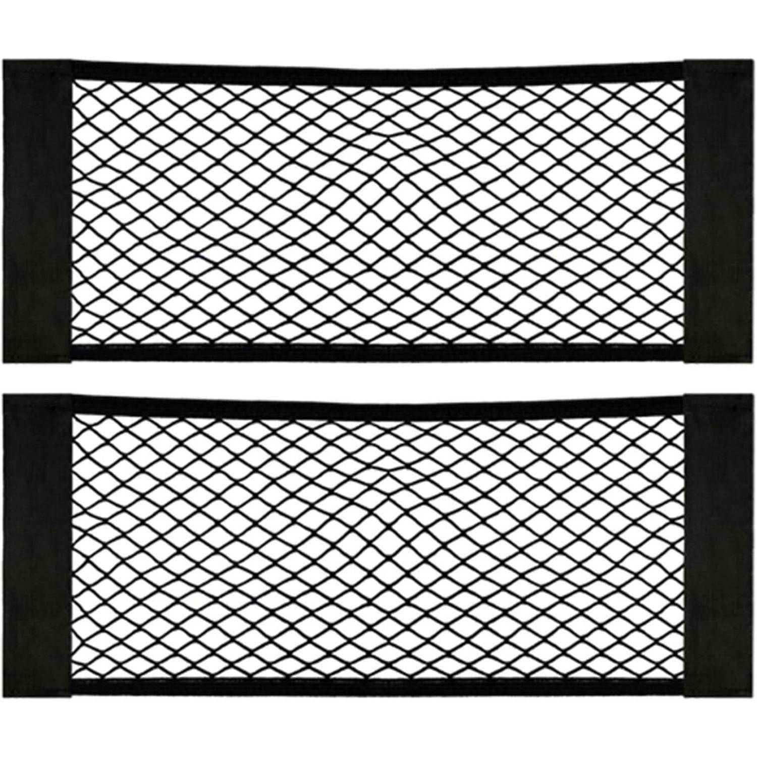 Zwei schwarze Mesh-Taschen, horizontal ausgerichtet mit elastischen Öffnungen, entwickelt zum Aufbewahren von Gegenständen in Fahrzeugen oder ähnlichen Bereichen.