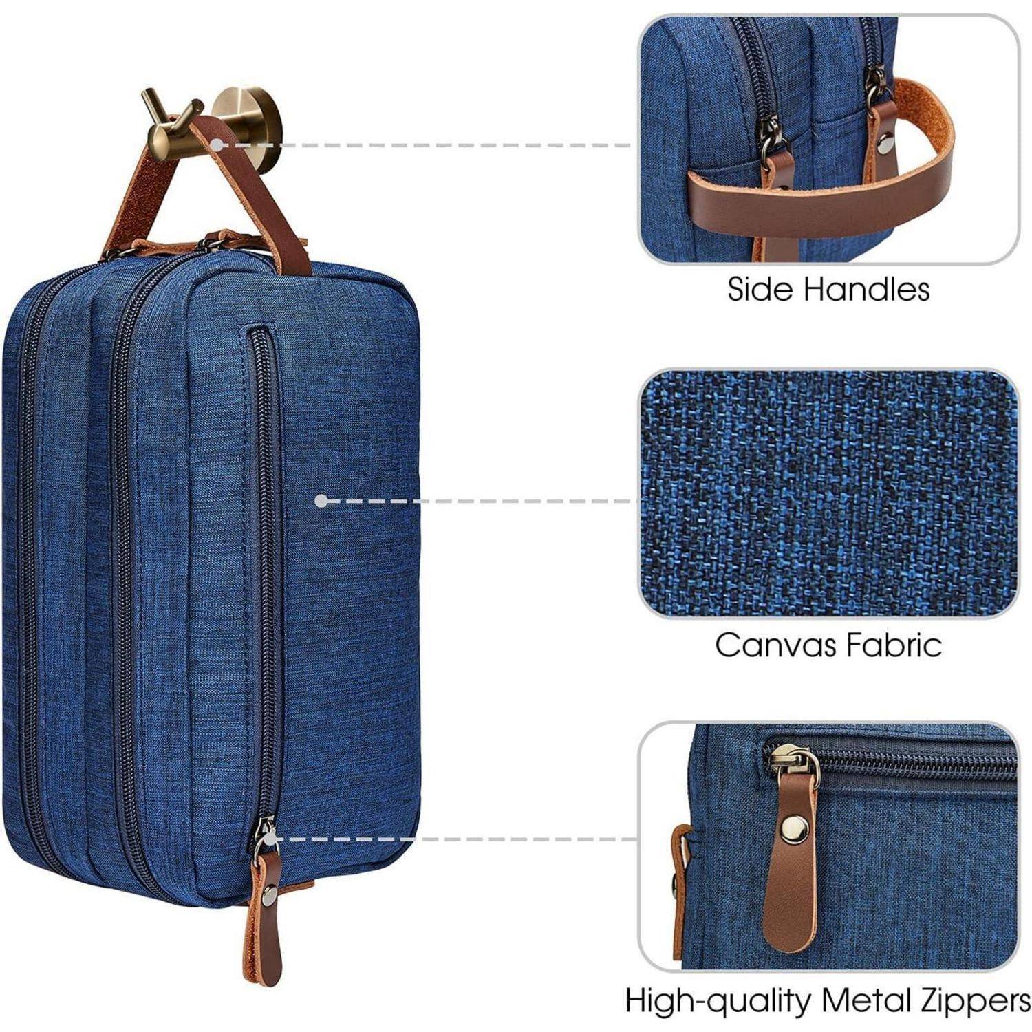 Blaue Kulturtasche mit Aufhängehaken und Seitenhalterungen aus Leder. Detailaufnahmen zeigen Ausschnitte aus Canvas-Stoff und hochwertigen Metallreißverschlüssen.