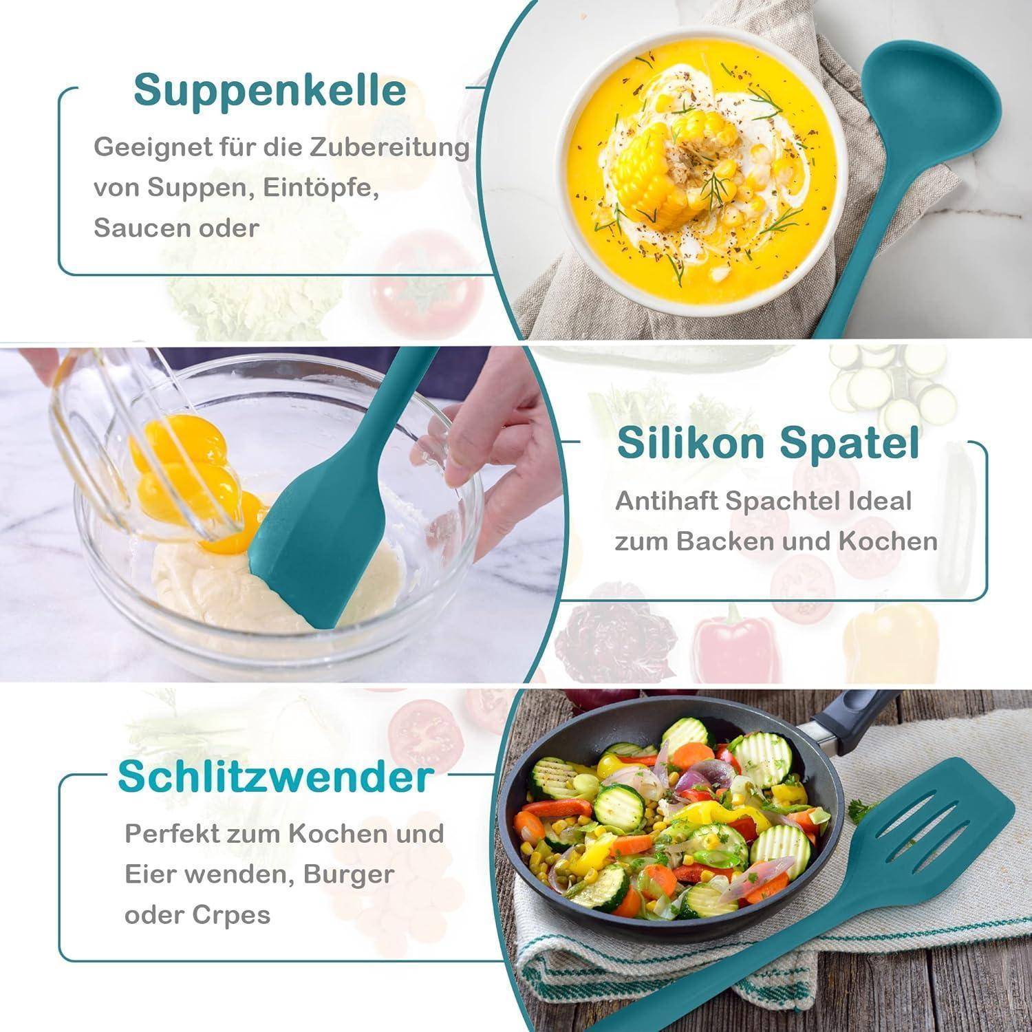 Anleitungen zu Küchenutensilien: Suppenkelle zum Servieren von Suppen, Silikon-Spatel zum Backen, Schlitzwender für Eier und Gemüse.