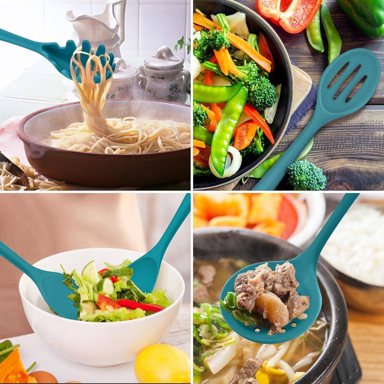 Vier Kochszenen mit einer blauen Schöpfkelle: Nudelwasser abgießen, Stir-Fry mit Brokkoli servieren, Salat mischen und Brühe mit Fleisch schöpfen.