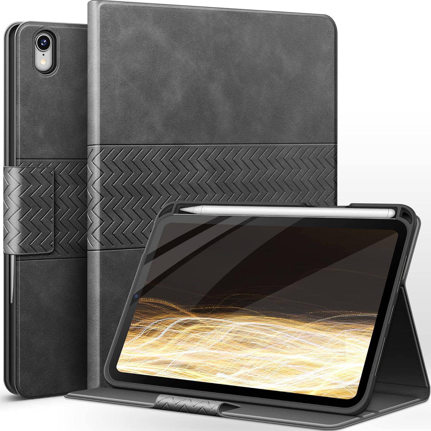 Tablet in einem eleganten, strukturierten schwarzen Gehäuse, aus zwei Blickwinkeln gezeigt; einer mit geschlossenem Deckel und ein anderer mit dem Tablet, das einen beleuchteten Bildschirm zeigt.