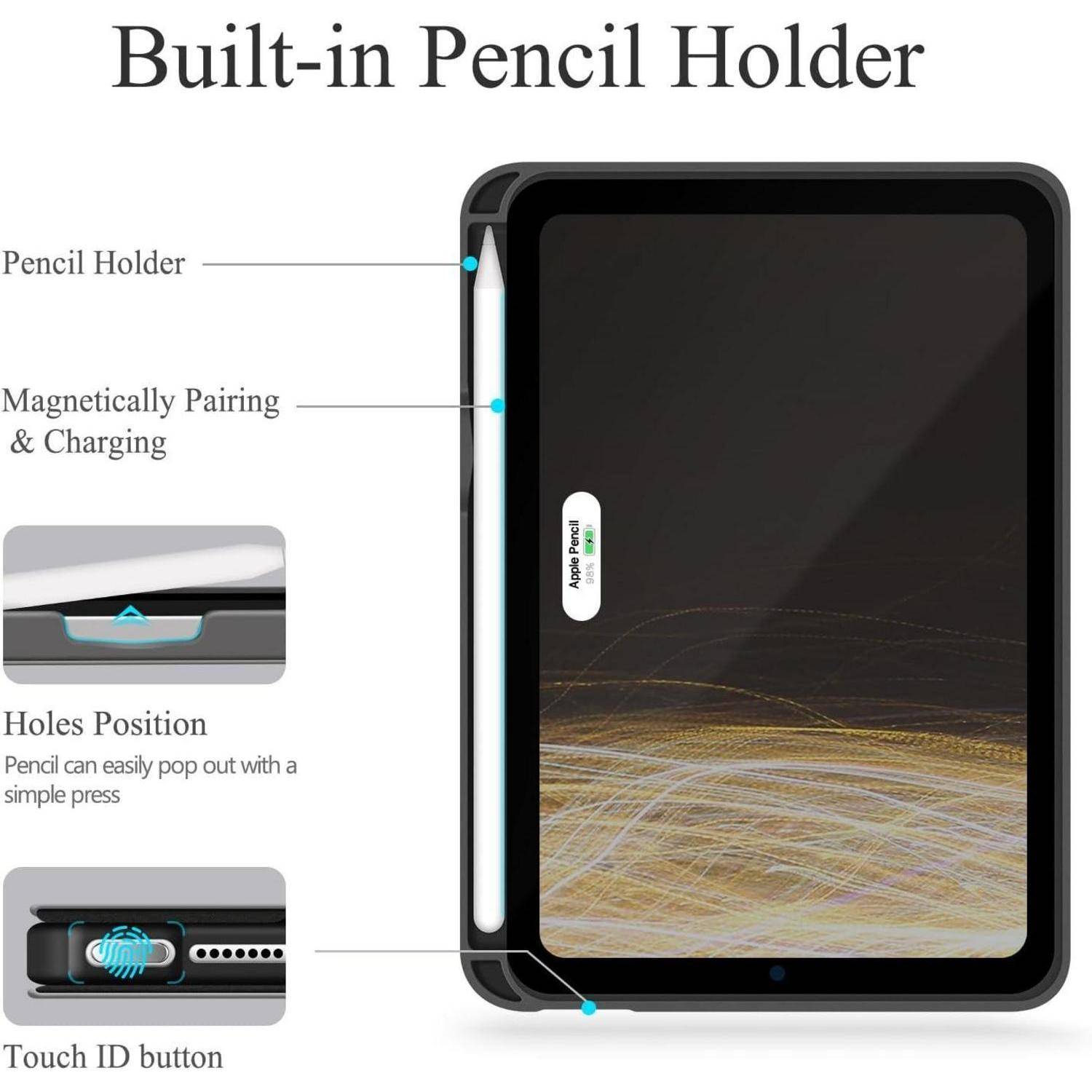 Tablet-Hülle mit integriertem Stifthalter. Enthält Abschnitte für Stifthalter, magnetische Kopplung und Ladung, Löcherpositionen und Touch-ID-Taste.