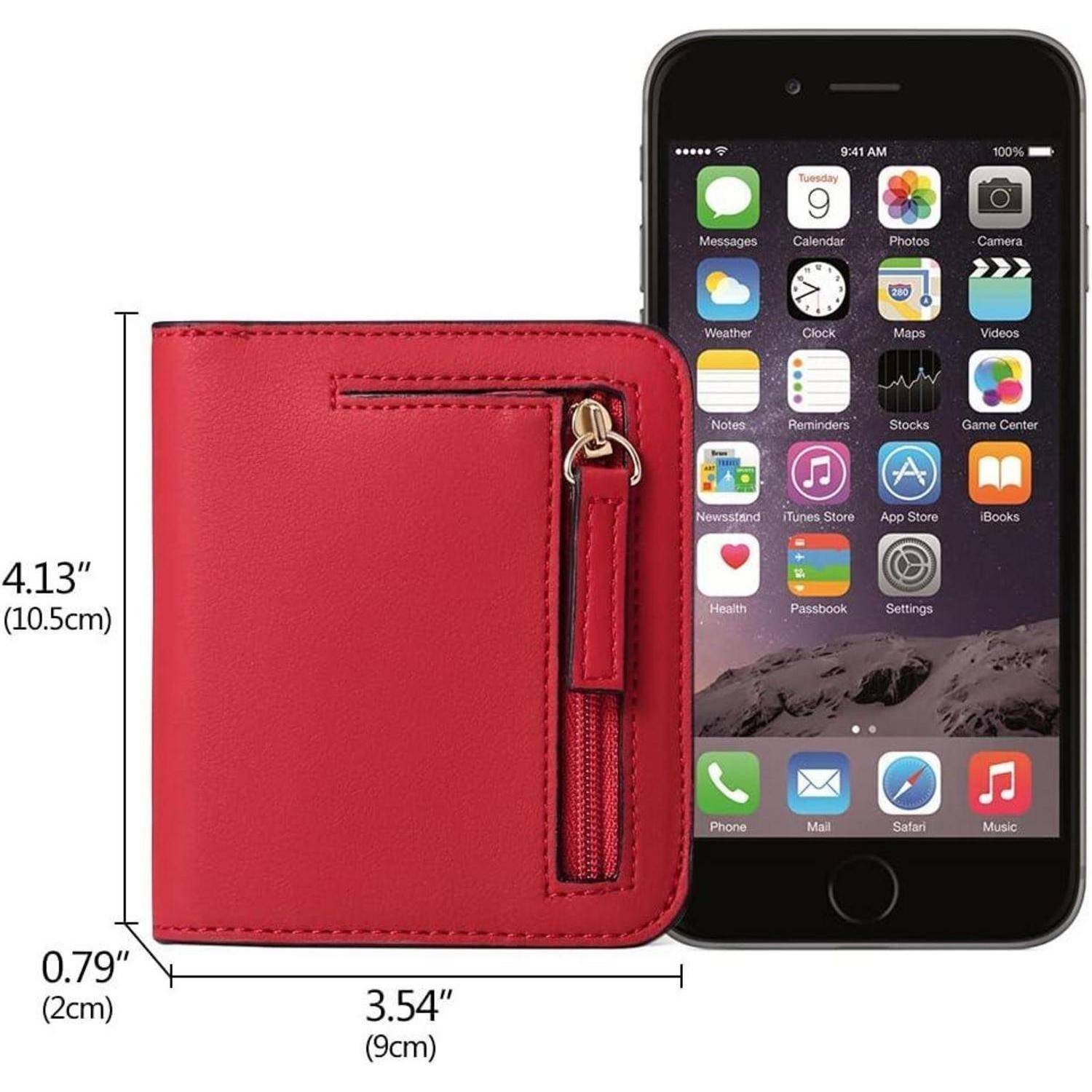 Ein roter Geldbeutel mit einem Reißverschlussfach liegt neben einem Smartphone mit den Abmessungen 3,54
