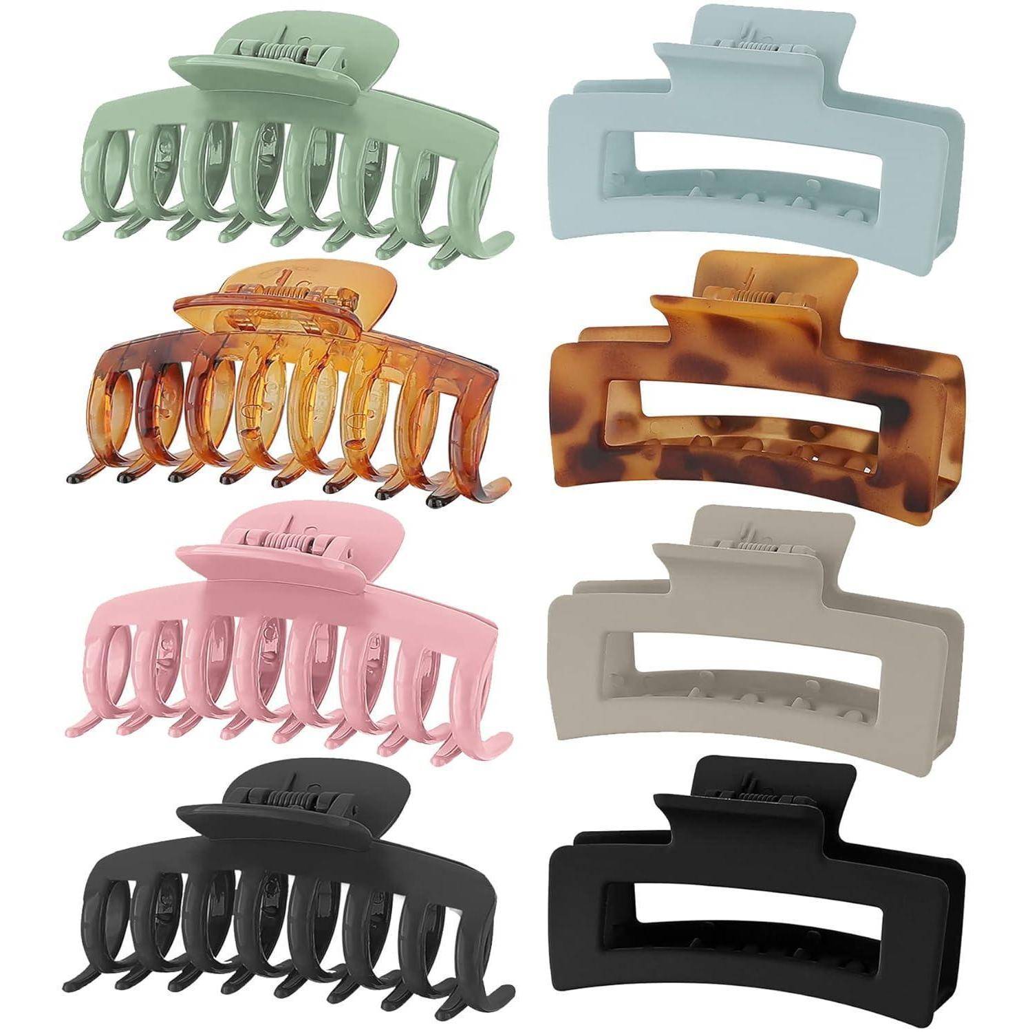 Acht Haarklammern in verschiedenen Farben: grün, blau, bernsteinfarben, Schildpatt, rosa, beige, schwarz und taupe, in zwei Spalten angeordnet.
