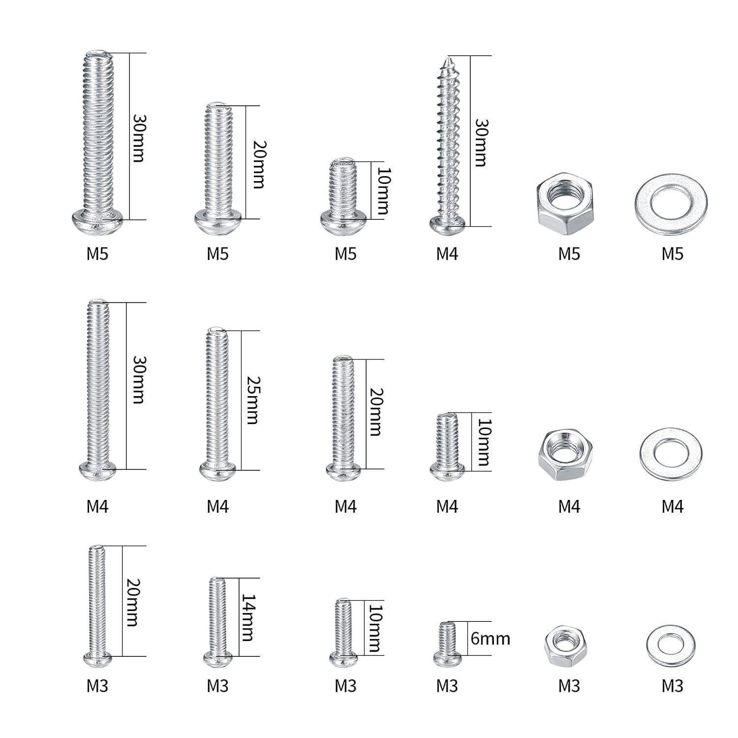 Schrauben-Set mit verschiedenen Schrauben: M5, M4, M3 Größen. Längen reichen von 30mm bis 6mm. Enthält Sechskantmuttern und Unterlegscheiben, die den Schraubengrößen entsprechen.