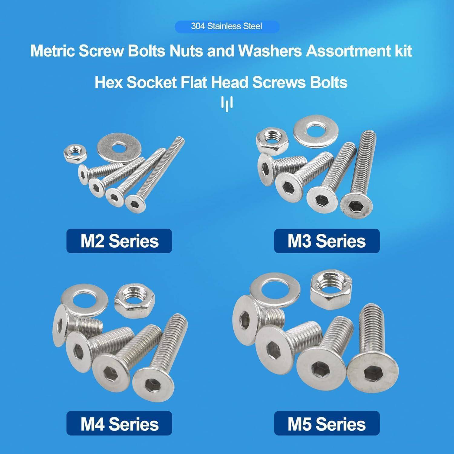 Vier Sätze von Senkkopfschrauben mit Muttern und Unterlegscheiben werden präsentiert: M2-Serie, M3-Serie, M4-Serie und M5-Serie auf einem blauen Hintergrund.
