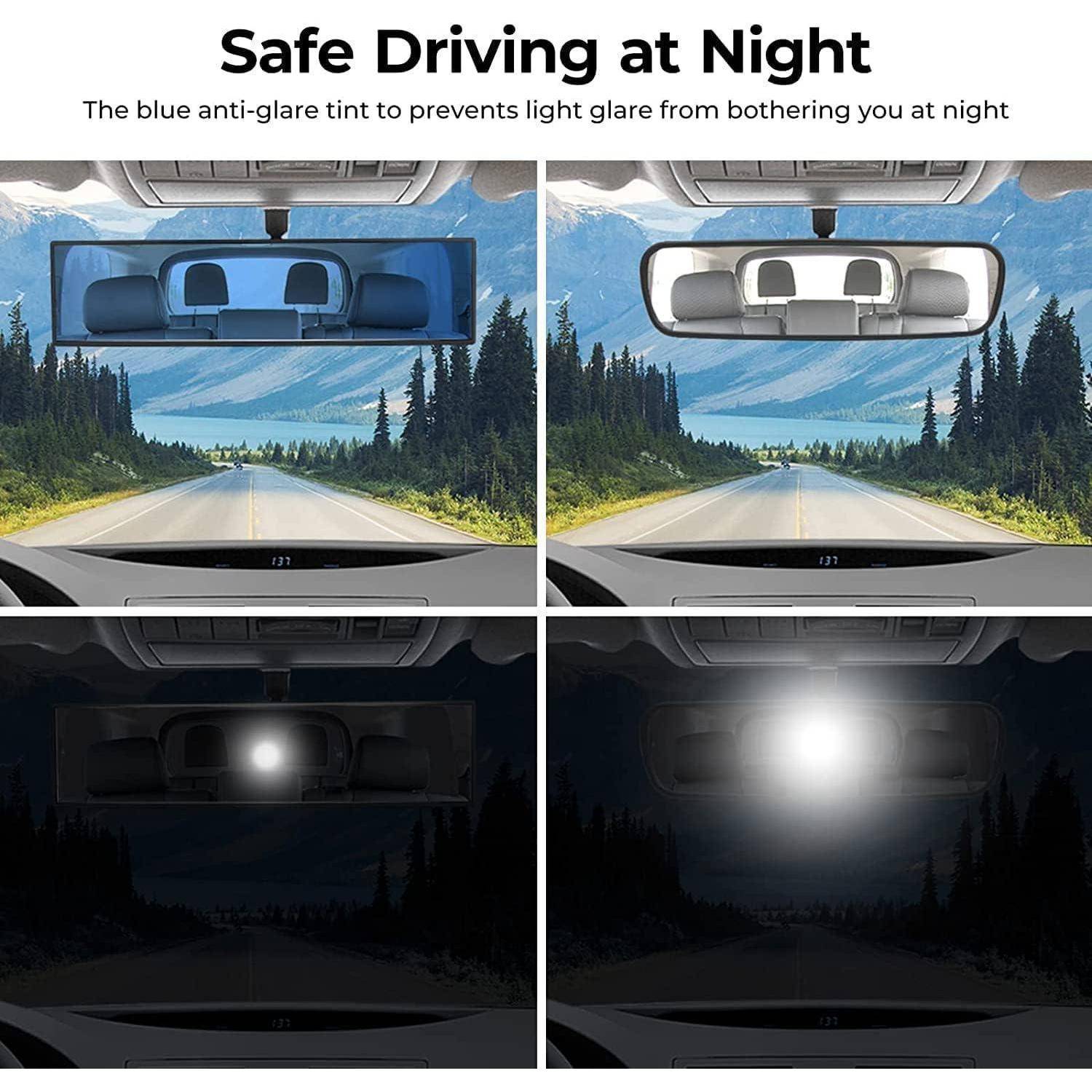 Vier Bilder zeigen einen Rückspiegel eines Autos mit Blendschutz. Die oberen zwei Bilder stellen eine klare Sicht bei Tag dar; die unteren zwei zeigen reduziertes Blendlicht in der Nacht. Text lautet: 