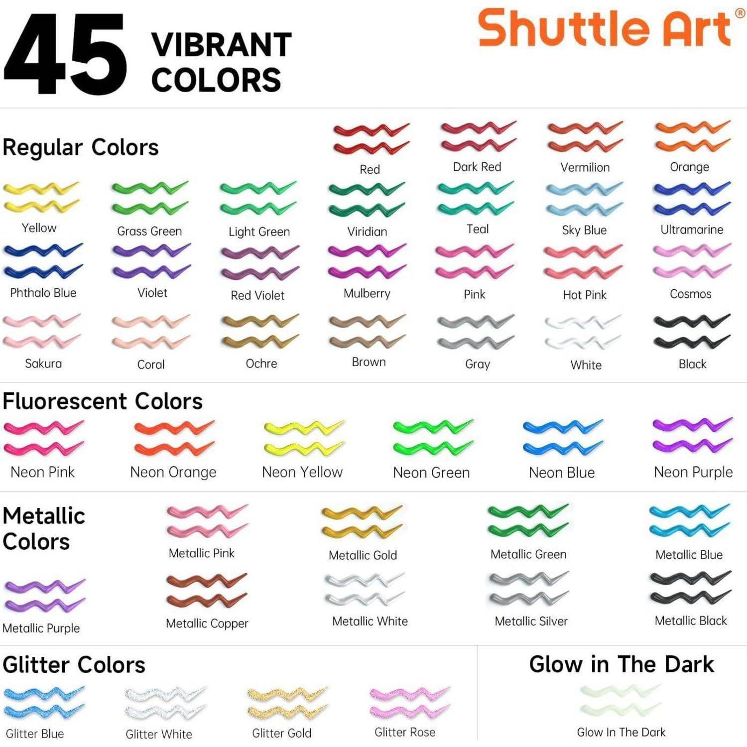 Shuttle Art' Anzeige von 45 lebendigen Markierfarben, kategorisiert in regulär, fluoreszierend, metallisch, glitzernd und leuchtend im Dunkeln.