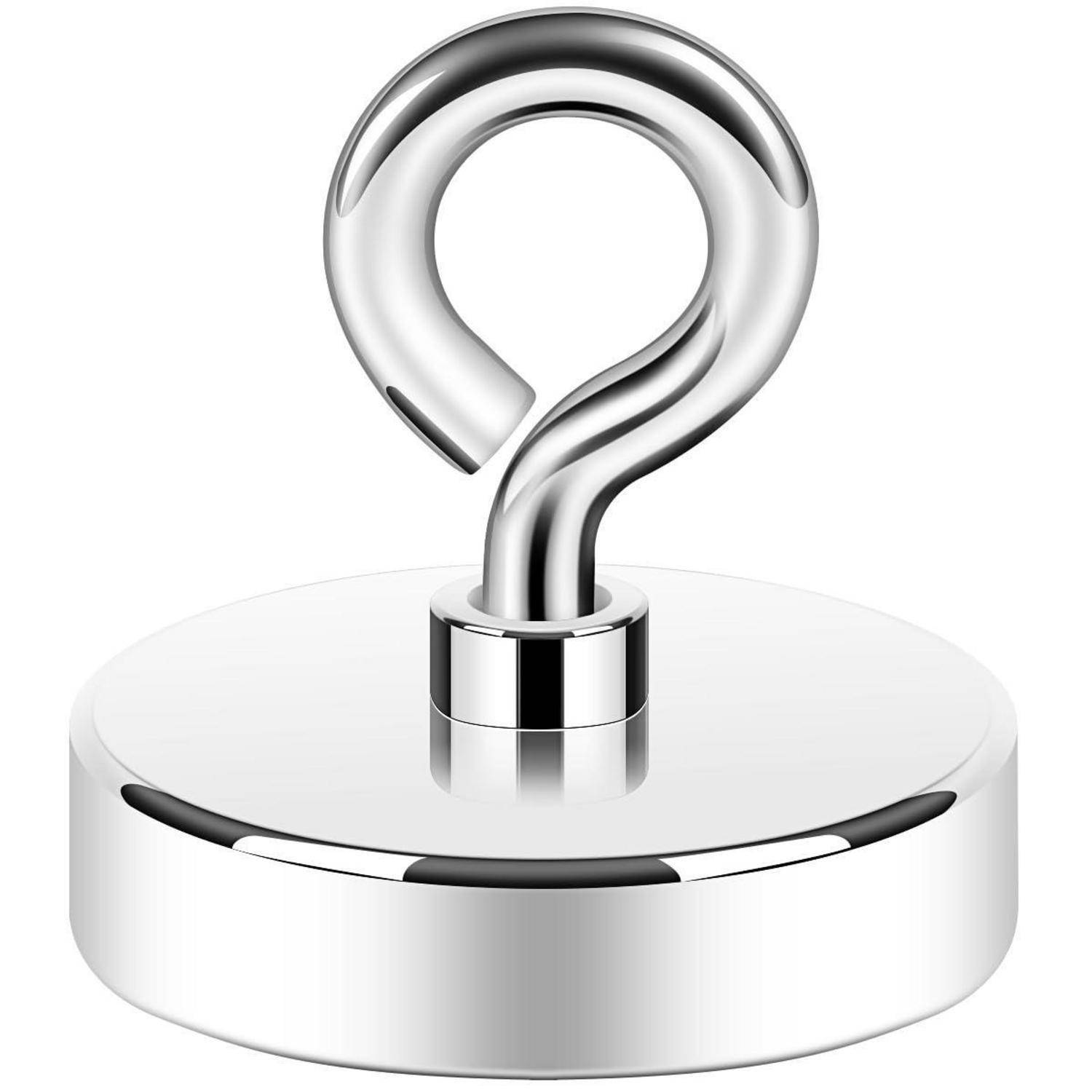 Ein metallischer Haken-Magnet mit einer kreisförmigen Basis, entwickelt zum sicheren Halten oder Aufhängen von Gegenständen, vor einem schlichten weißen Hintergrund.