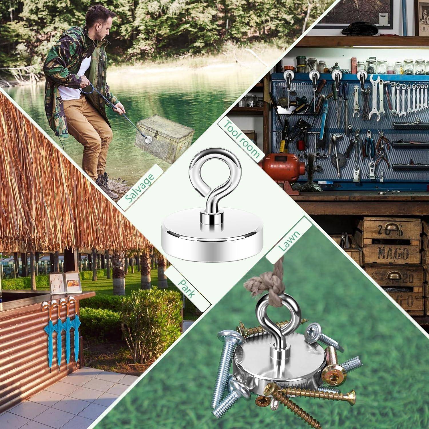 Eine Collage zeigt eine Seeszene, einen Werkzeugraum und einen Park. Zwei Magnetangeln sind ebenfalls zu sehen, wobei eine von Schrauben umgeben ist.