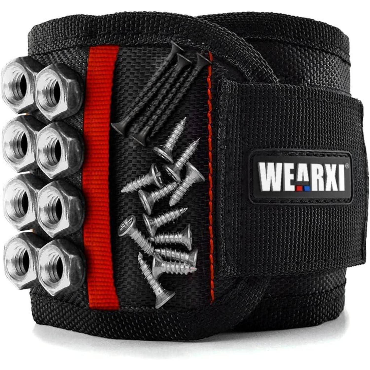 Magnetisches Armband der Marke 'WEARXI', zum Halten von Schrauben, Nägeln und Muttern, entwickelt für bequemen Zugriff während der Arbeit.