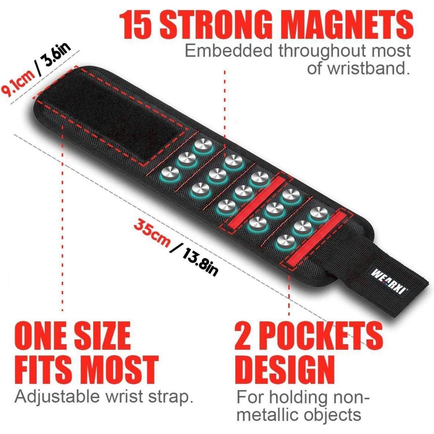 Magnetisches Armband mit 15 Magneten, verstellbarem Riemen und zwei Taschen zum Halten von kleinen Metallgegenständen und nicht-metallischen Artikeln.
