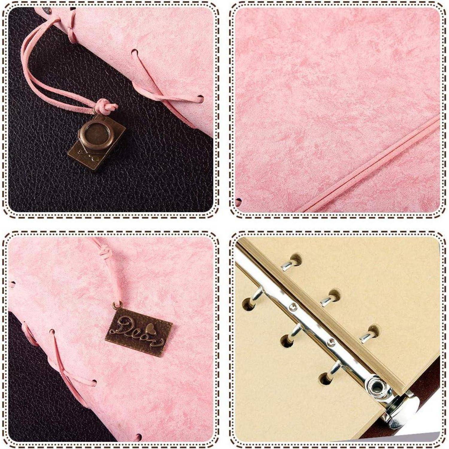 Nahaufnahme eines rosa Ordners mit Lederbezug, Metallverschluss und eingraviertem Etikett mit dem Wort 