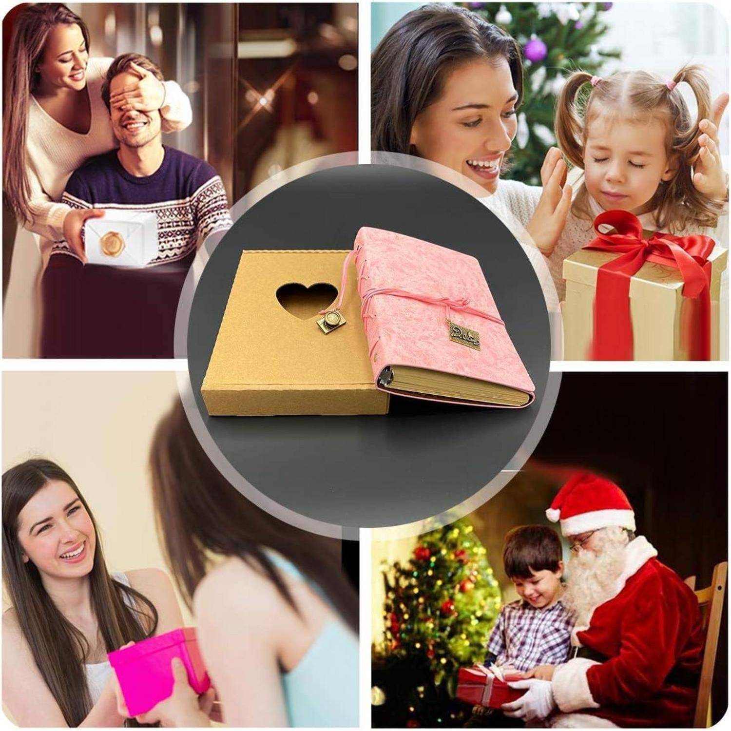 Eine Collage aus vier Fotos, die Personen beim Geben und Empfangen von Geschenken zeigen, mit einem zentralen Bild eines rosa Tagebuchs in einer Pappschachtel mit Herzausschnitt.