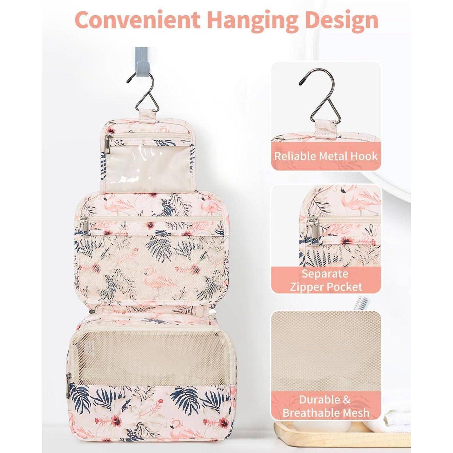 Hängende Kulturtasche mit Blumenmuster, Metallhaken, separater Reißverschlusstasche und Netzfach. Beschriftet mit 'Praktisches Aufhängdesign'.