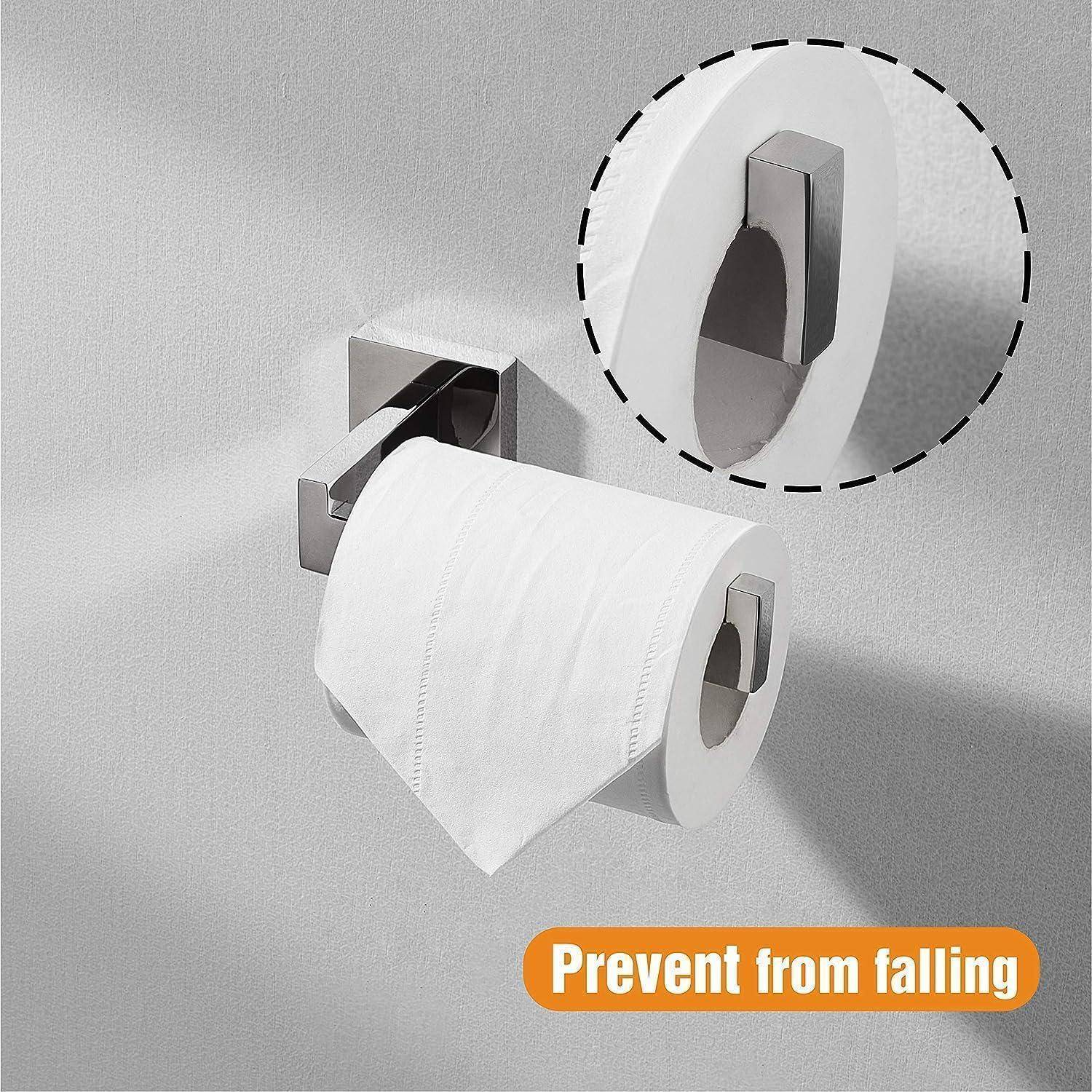 Toilettenpapierhalter mit einem sicheren Mechanismus, der entwickelt wurde, um zu verhindern, dass die Rolle herunterfällt, mit Schwerpunkt auf Stabilität und Benutzerfreundlichkeit.