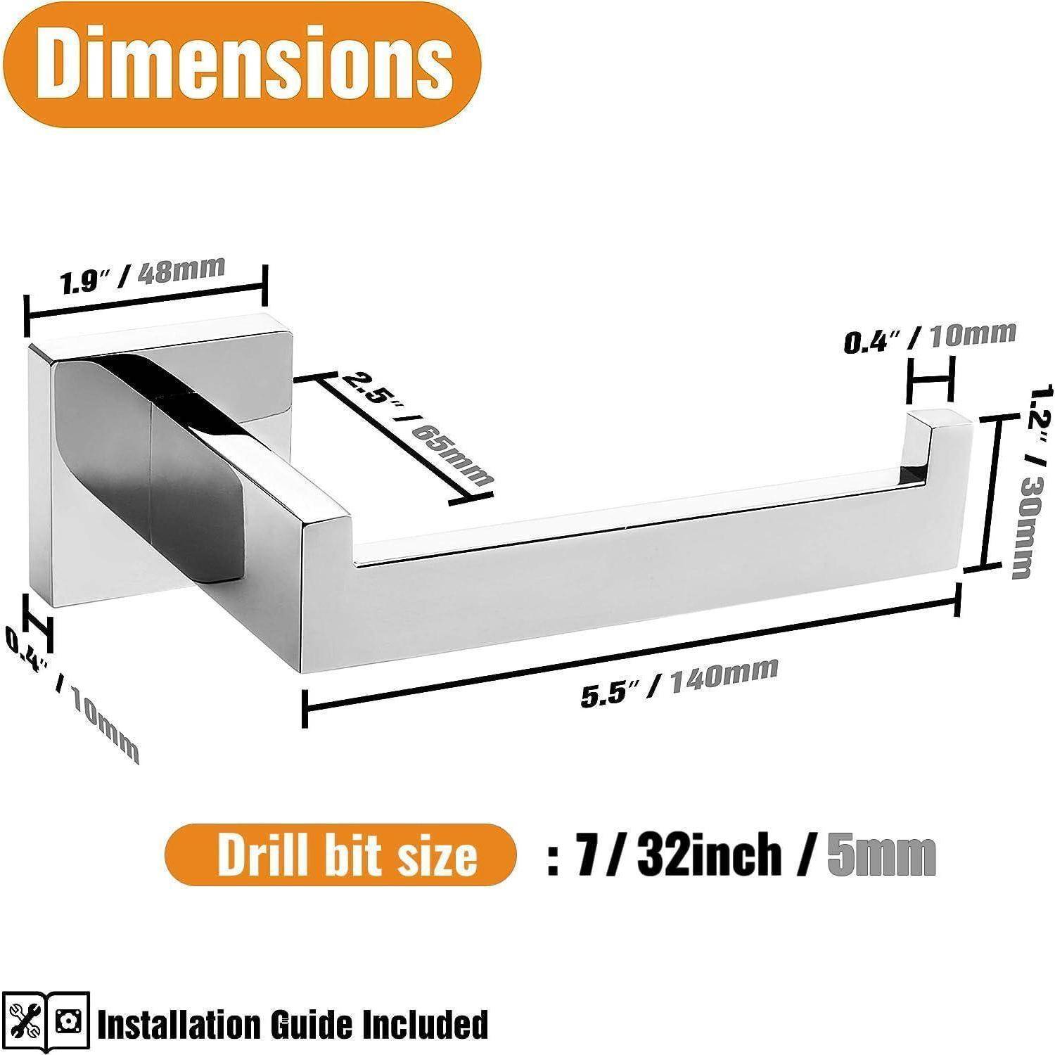 Die 'Dimensions'-Abbildung zeigt eine Metallhalterung mit einer Breite von 5,5 Zoll und einer Höhe von 1,2 Zoll. Bohrlochdurchmesser: 7/32 Zoll oder 5 mm. Montageanleitung im Lieferumfang enthalten.