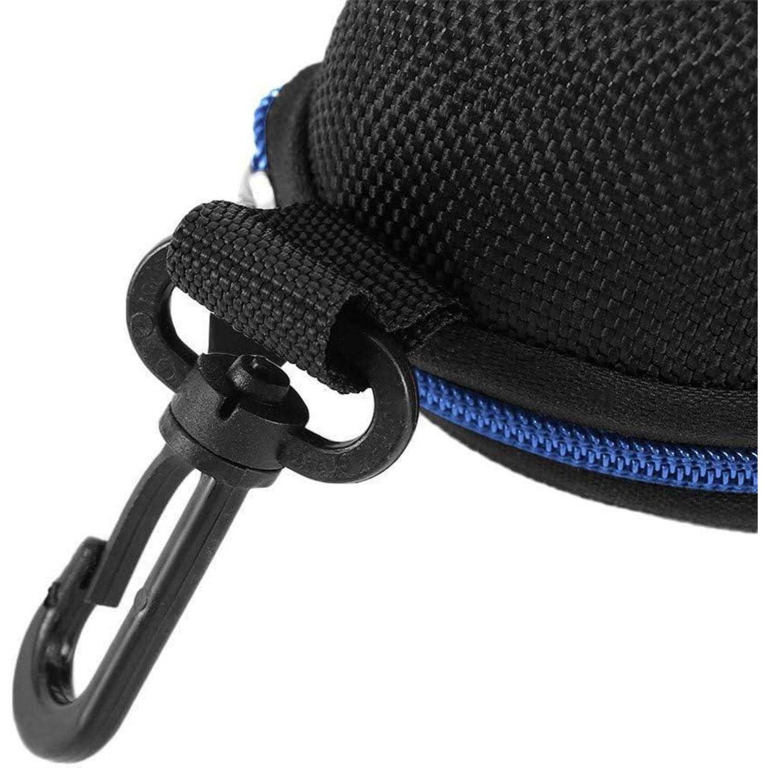 Eine schwarze Nylontasche mit einem blauen Reißverschluss und einer Kunststoffklammer. Das Bild zeigt eine Nahaufnahme der Textur der Tasche und ihres Verschlussmechanismus.