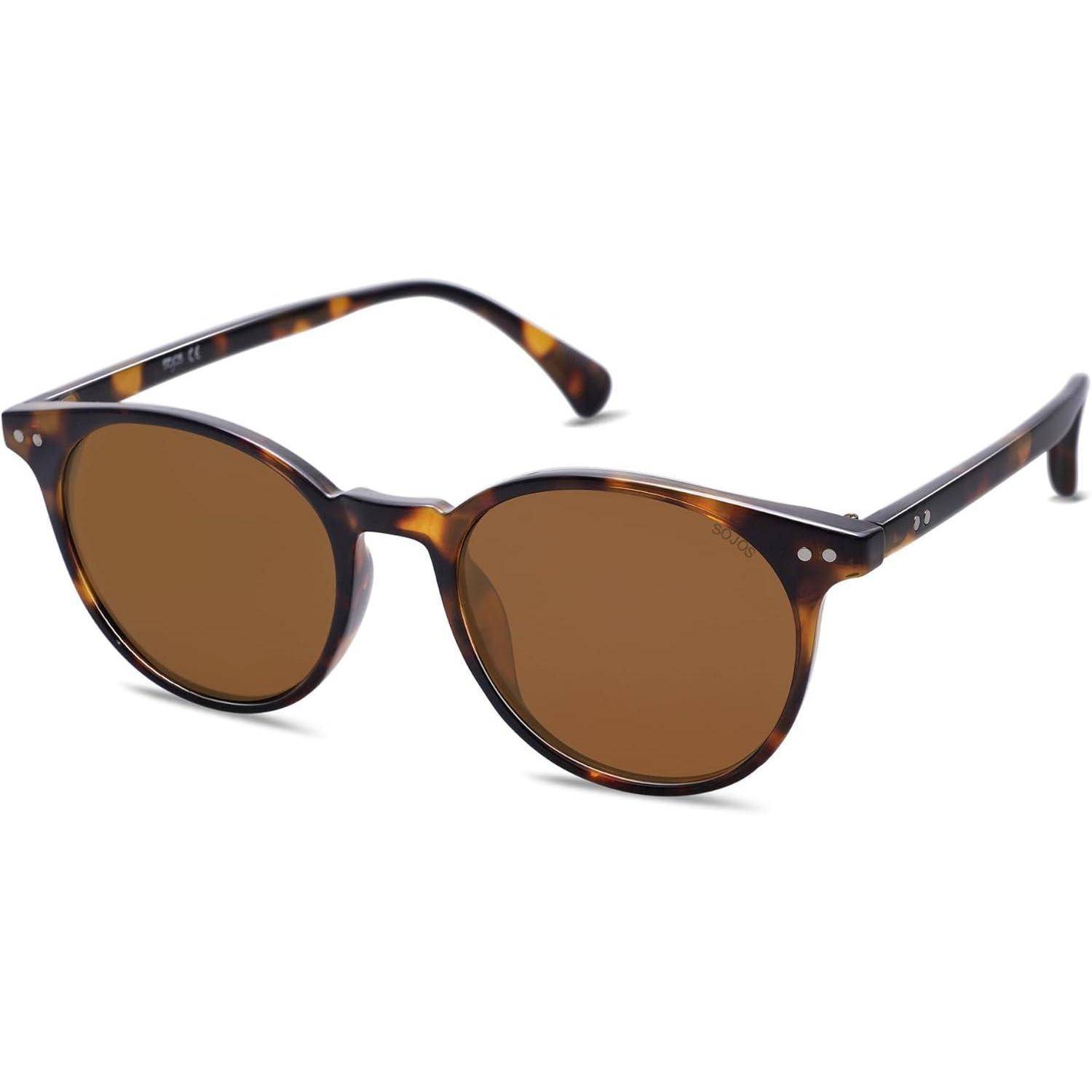 Schildpatt-braune Sonnenbrille mit runden Gläsern und dünnen Bügeln, auf weißem Hintergrund platziert.