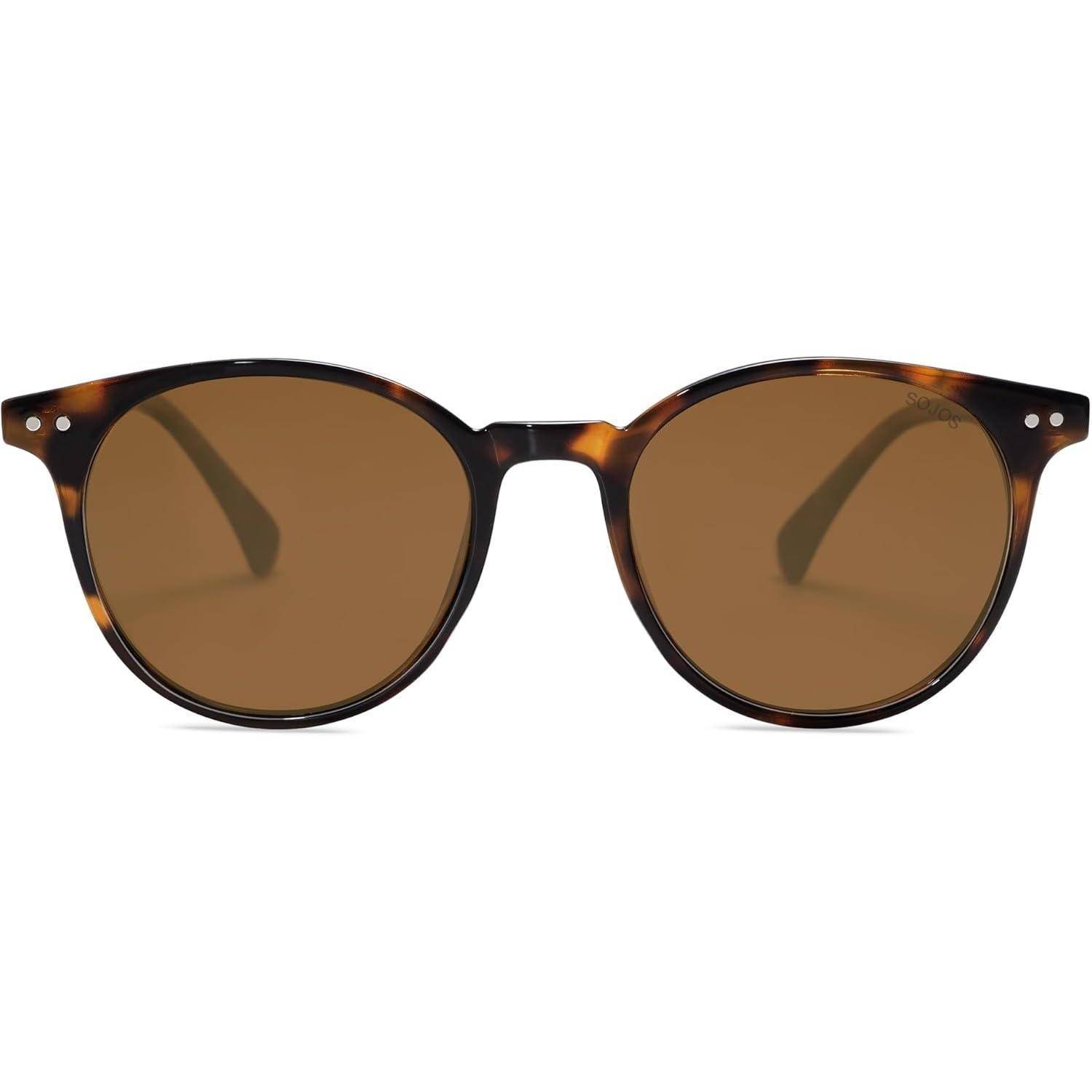 Schildpatt-Sonnenbrille mit runden, dunklen Gläsern und dünnen Rahmen, von vorne betrachtet.