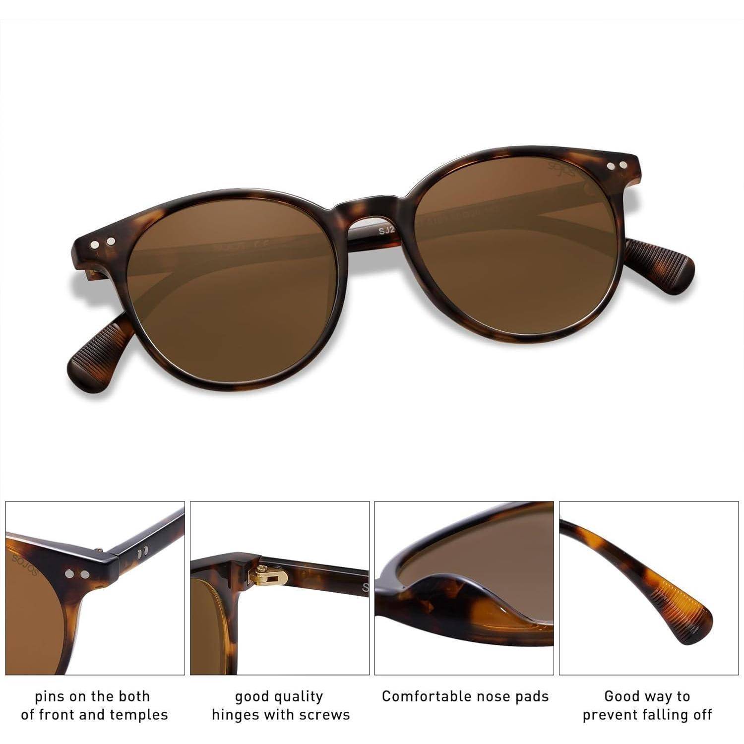 Sonnenbrille mit runden braunen Gläsern und Schildpattrahmen. Merkmale umfassen bequeme Nasenpads, hochwertige Scharniere und Bügelstege.