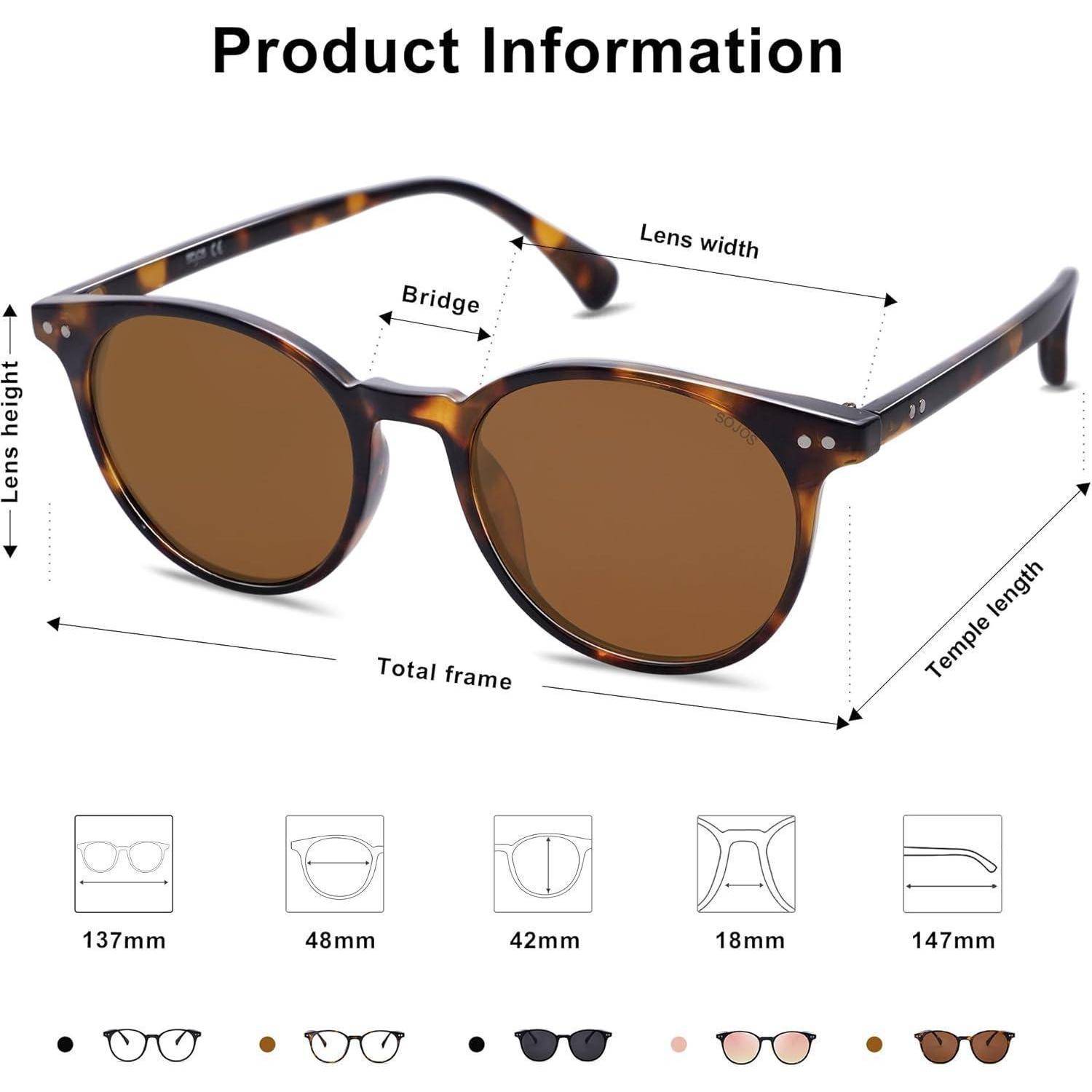 Sonnenbrille mit braunen Gläsern, gezeigt mit Maßen: Gesamtrahmen 137 mm, Steg 18 mm, Glassbreite 48 mm, Glasshöhe 42 mm, Bügellänge 147 mm.