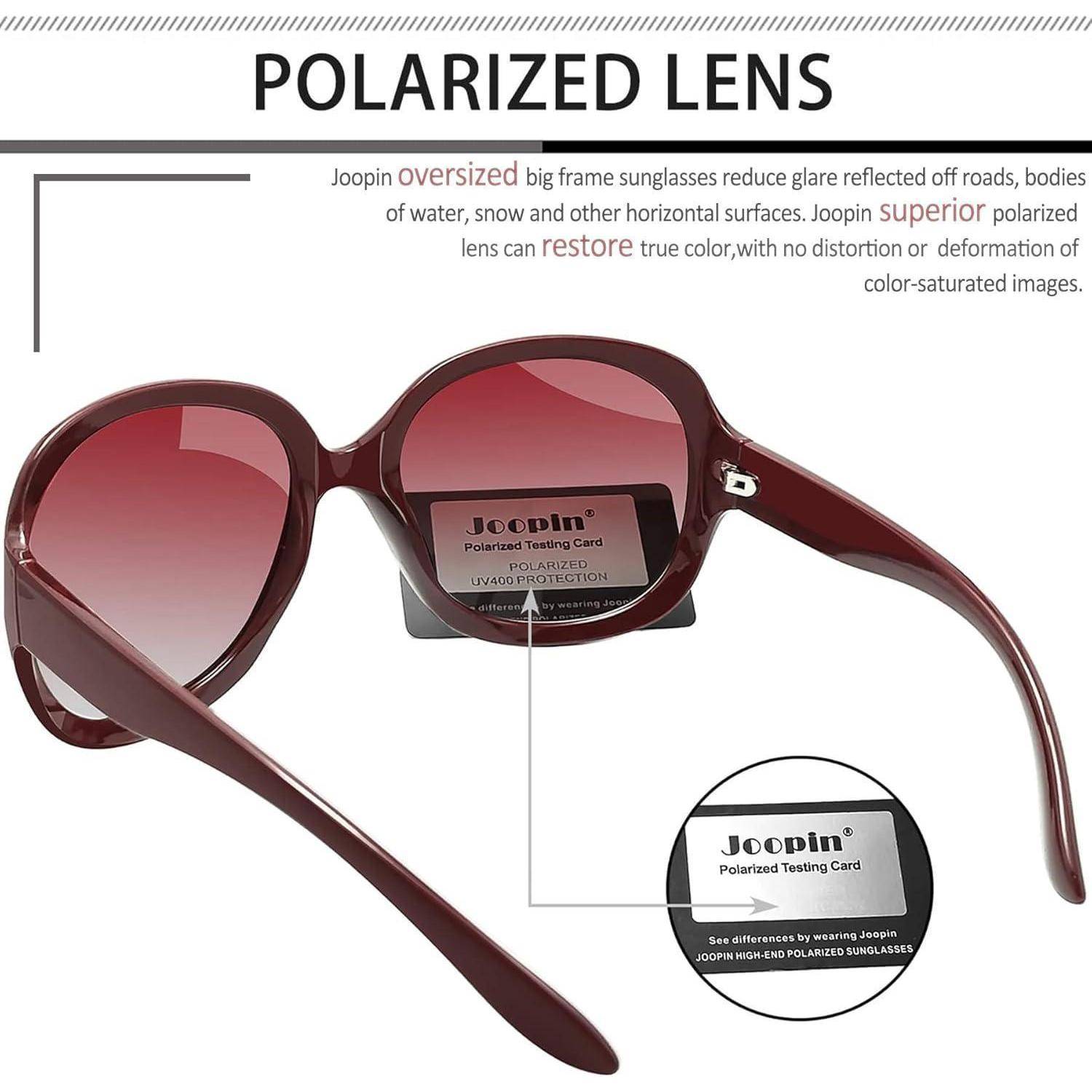 Sonnenbrille mit 'Polarisiertes Glas' Aufschrift. Reduziert Blendung und stellt wahre Farben wieder her. Enthält eine polarisierte Testkarte, die die Linseneffekte zeigt.