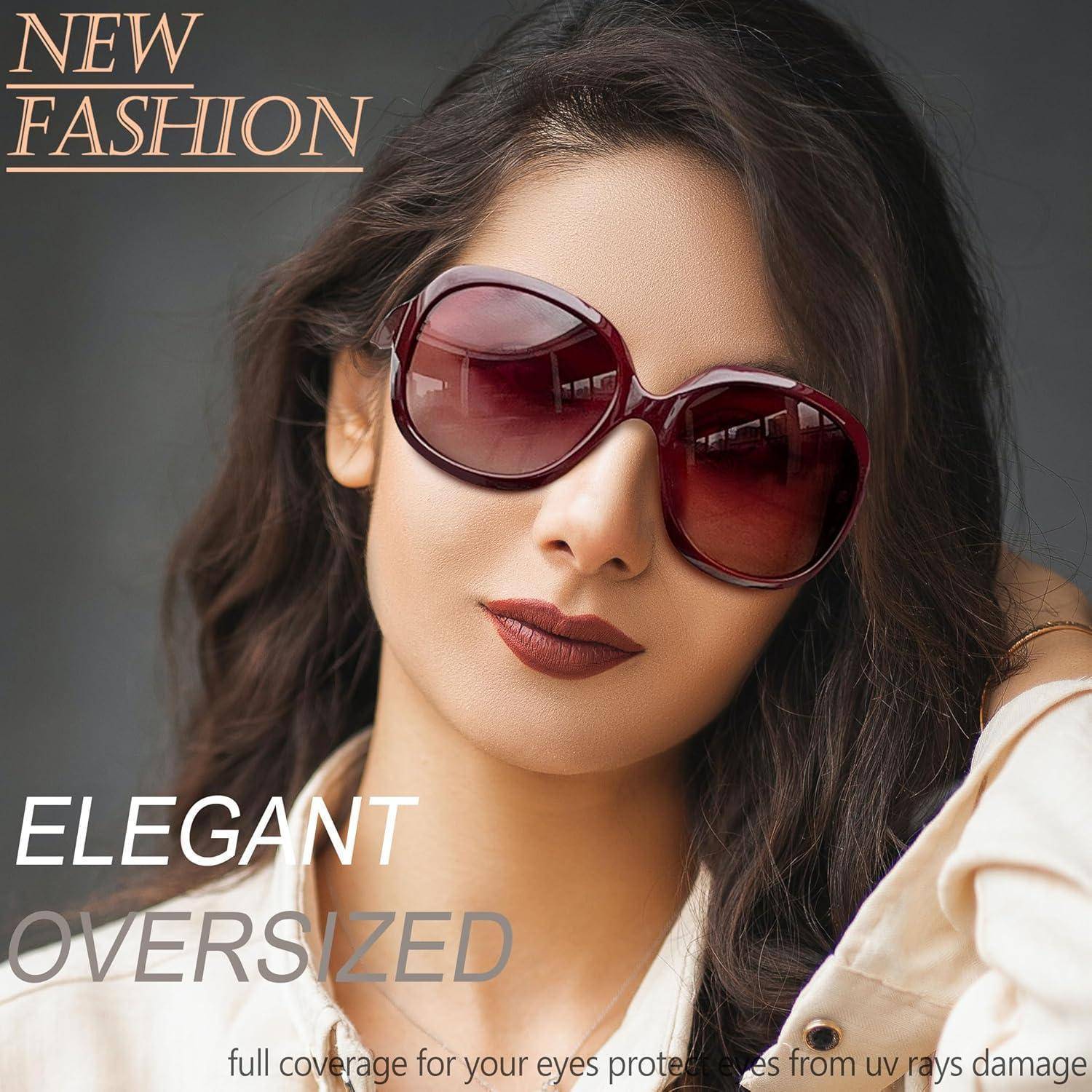 Eine Frau trägt Sonnenbrille in Übergröße mit dem Text ‚Neue Mode' und ‚Elegant Übergroß', die Sonnenbrillen mit vollständigem UV-Schutz bewirbt.