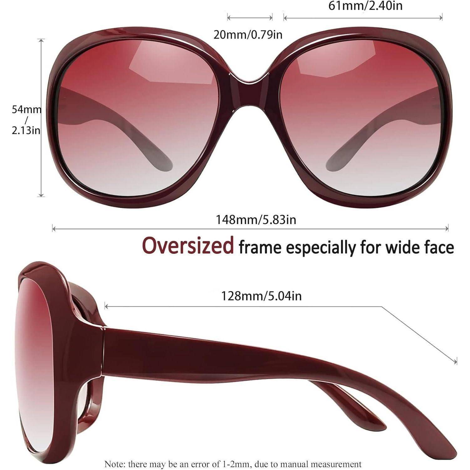 Übergroße Sonnenbrille mit burgunderroten Rahmen, entwickelt für breite Gesichter. Inklusive Maße: Linsenbereite 61 mm, Gesamtbreite 148 mm, Bügelländge 128 mm.