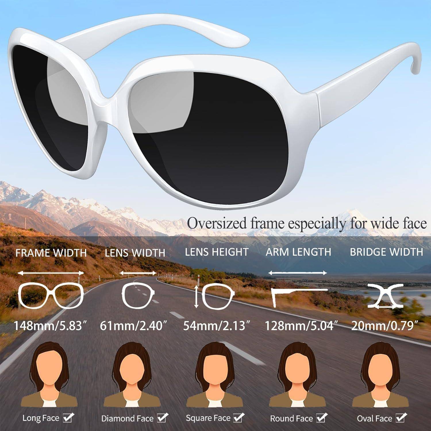Weiße überdimensionale Sonnenbrille, geeignet für breite Gesichter; enthält Maße: Rahmenbreite, Linsenbreite, Bügellänge und Stegbreite. Geeignete Gesichtsformen: lang, diamantförmig, eckig, rund, oval.