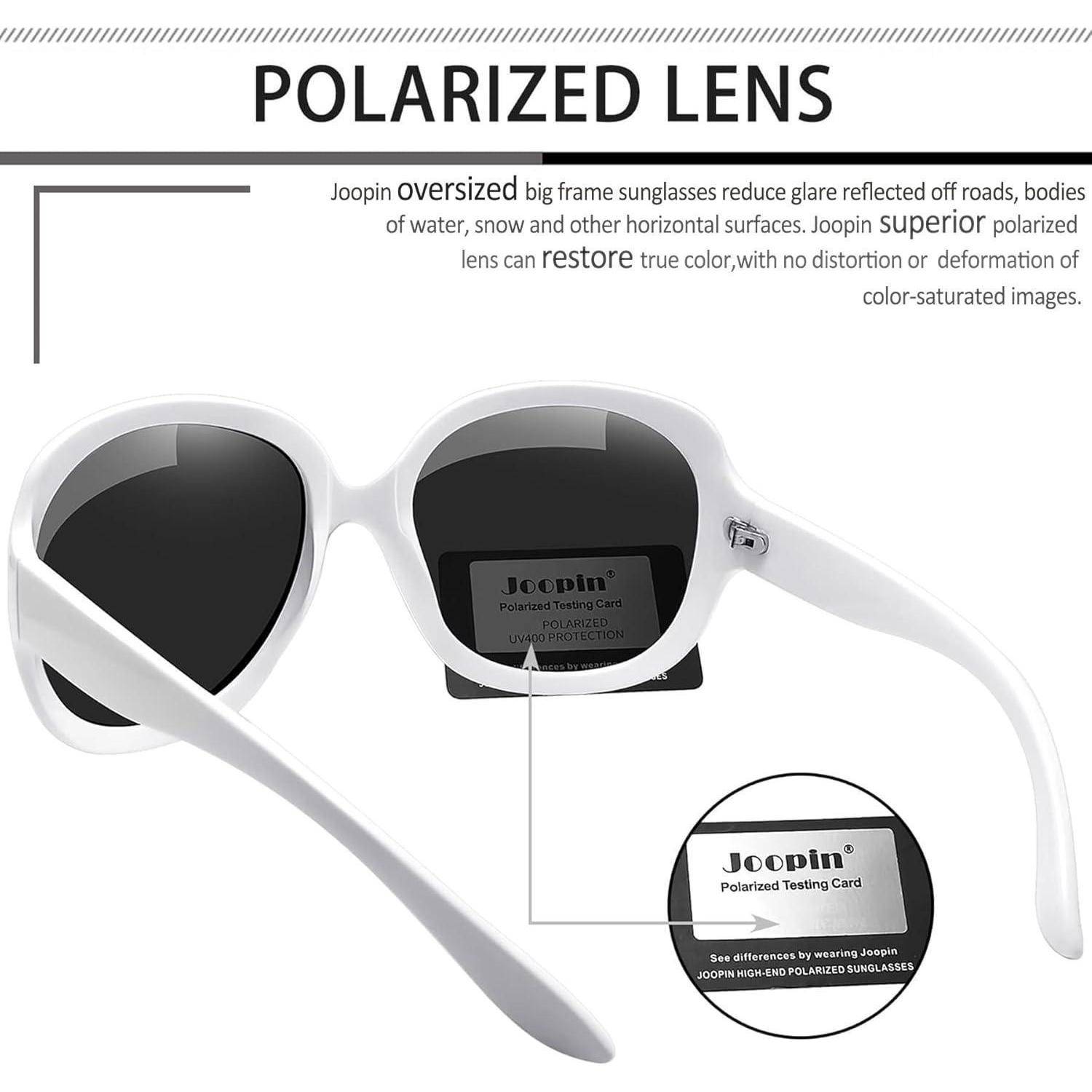Weiße oversize Sonnenbrille mit schwarzen Gläsern und einer polarisierten Testkarte. Texthervorhebungen zeigen die Vorteile polarisierter Gläser für Klarheit und echte Farben.