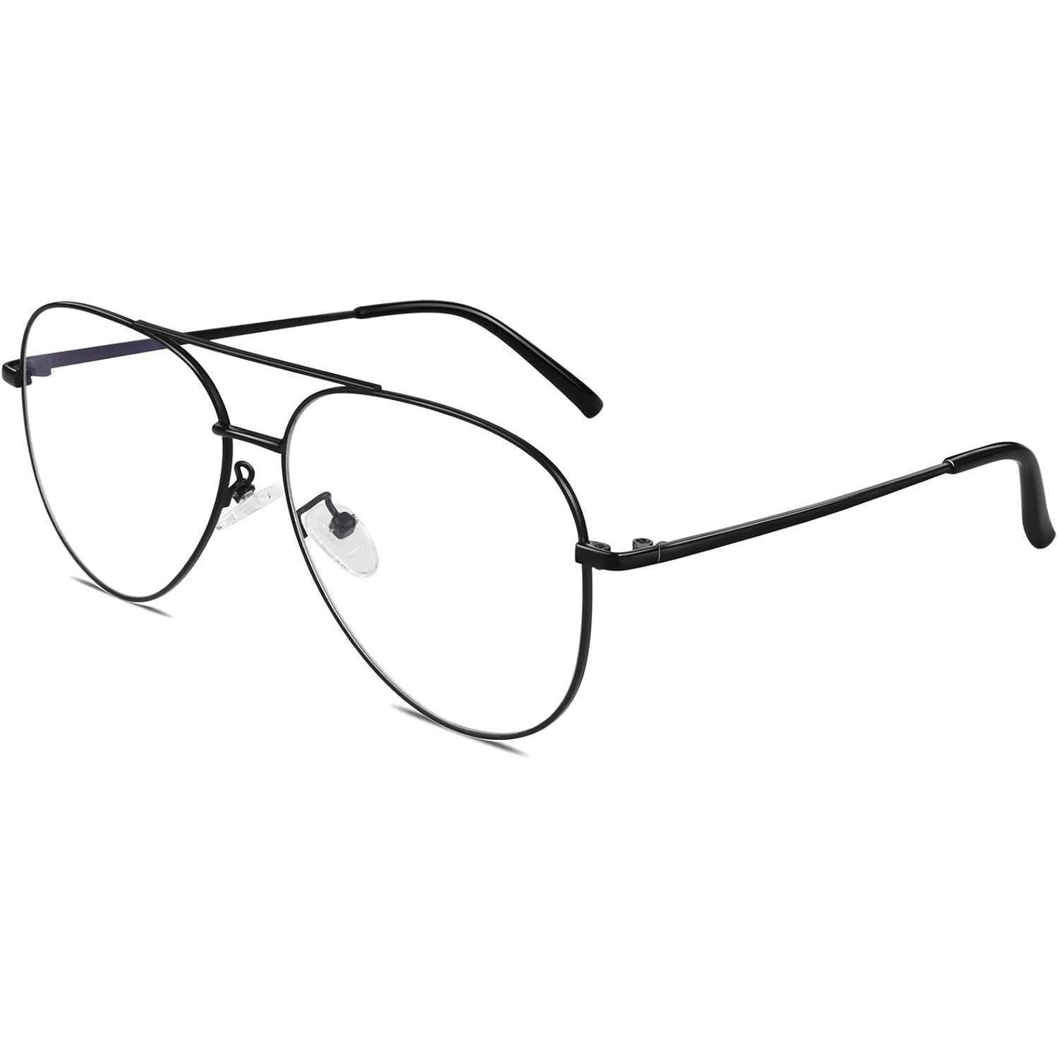 Schwarze Pilotenbrille mit klaren Gläsern, ausgestattet mit schmalen Metallbügeln und verstellbaren Nasenauflagen.
