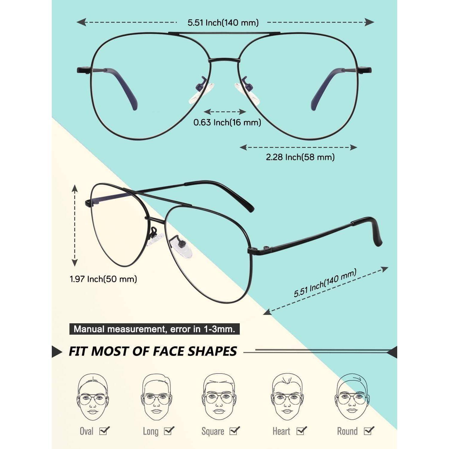 Bild einer Brille mit Maßangaben: Steg 0,63 Zoll, Bügel 5,51 Zoll, Linsenbreite 2,28 Zoll, Linsenhöhe 1,97 Zoll. Passt zu den meisten Gesichtsformen.