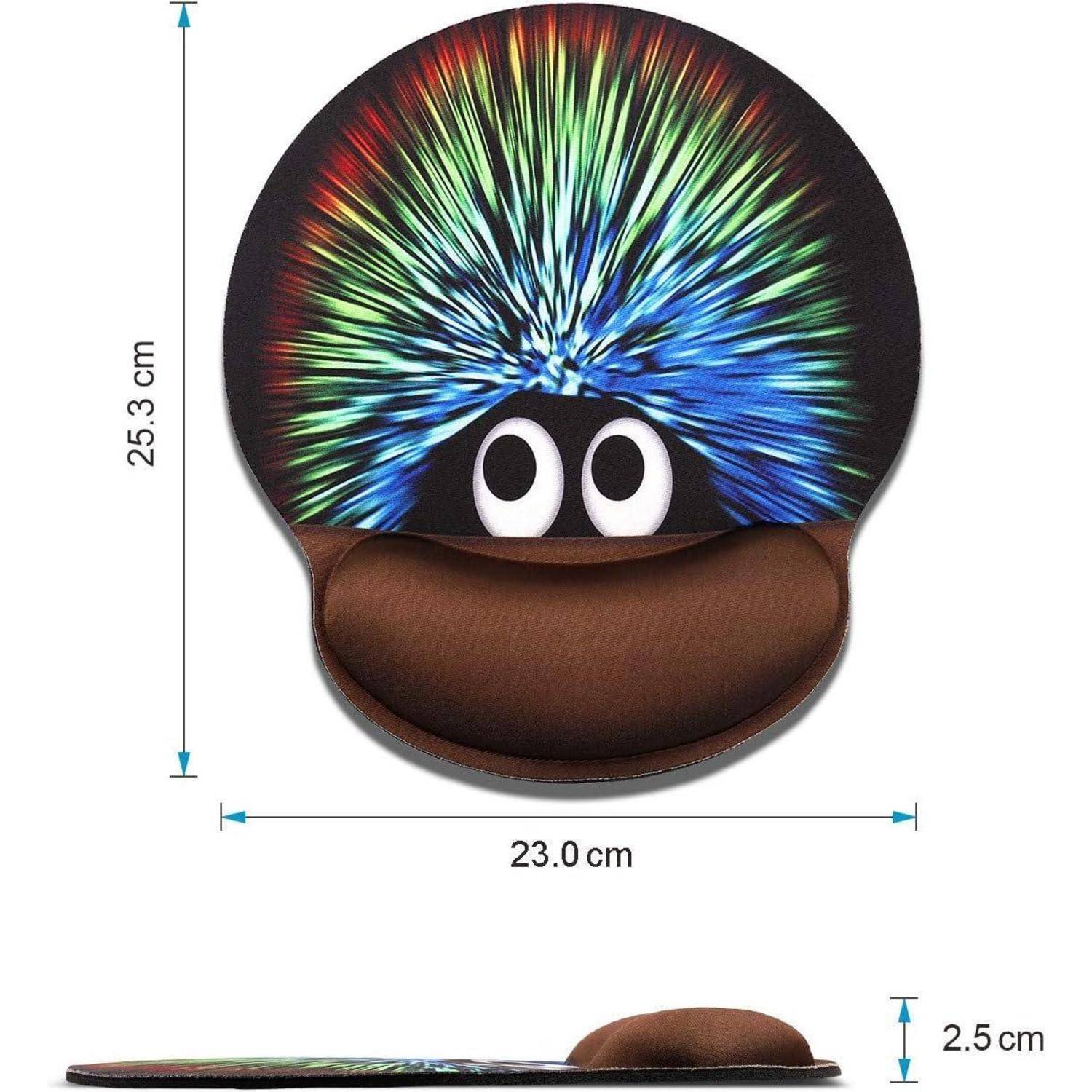 Ein Mauspad mit einem bunten, radialen Burst-Design und einer gepolsterten Handgelenkauflage, die Cartoon-Augen und einen Mund aufweist. Die Abmessungen betragen 25,3 cm x 23,0 cm.