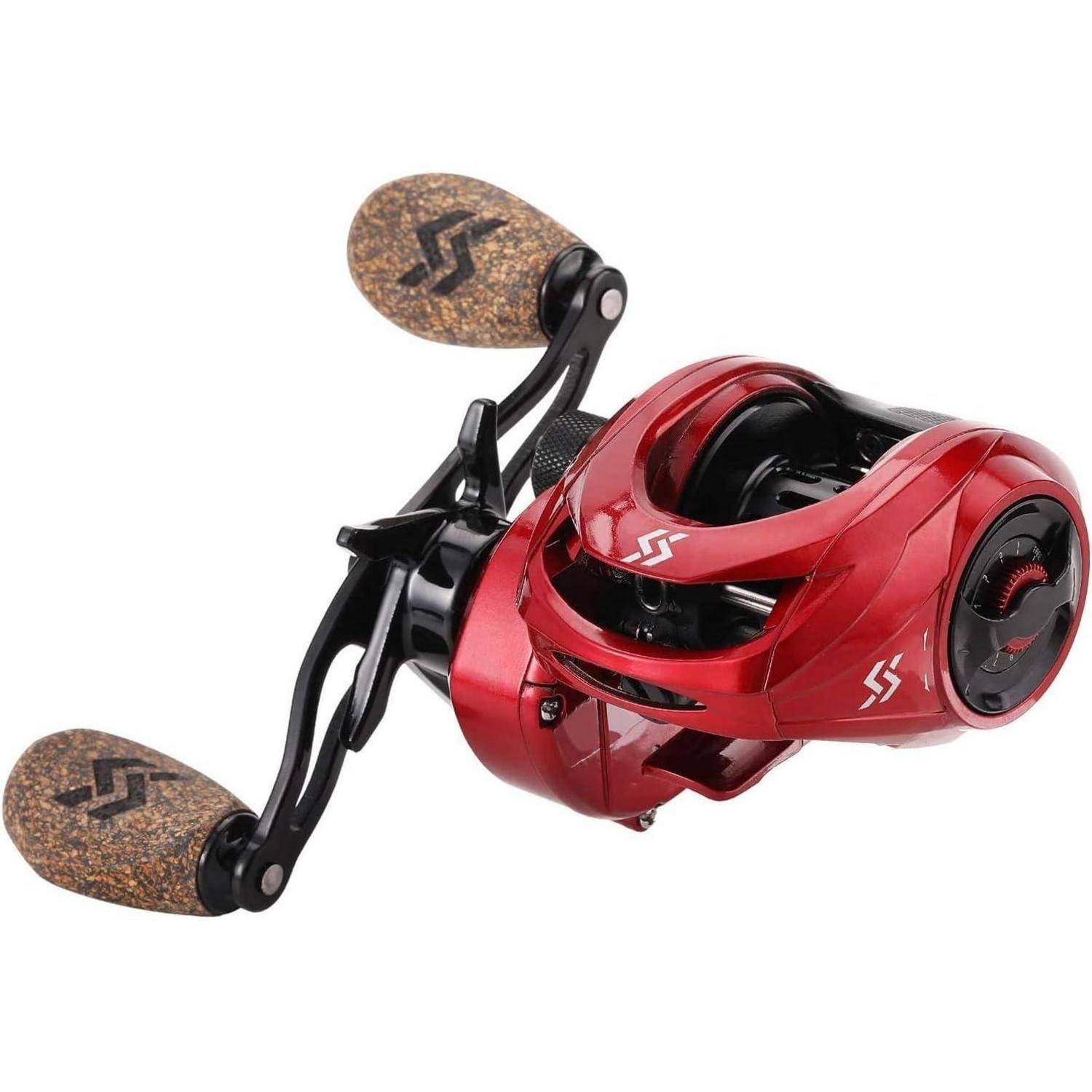 Rote Baitcasting-Angelrolle mit Doppelgriffen und detaillierten Designelementen, die ein robustes und fortschrittliches Angelwerkzeug hervorheben.