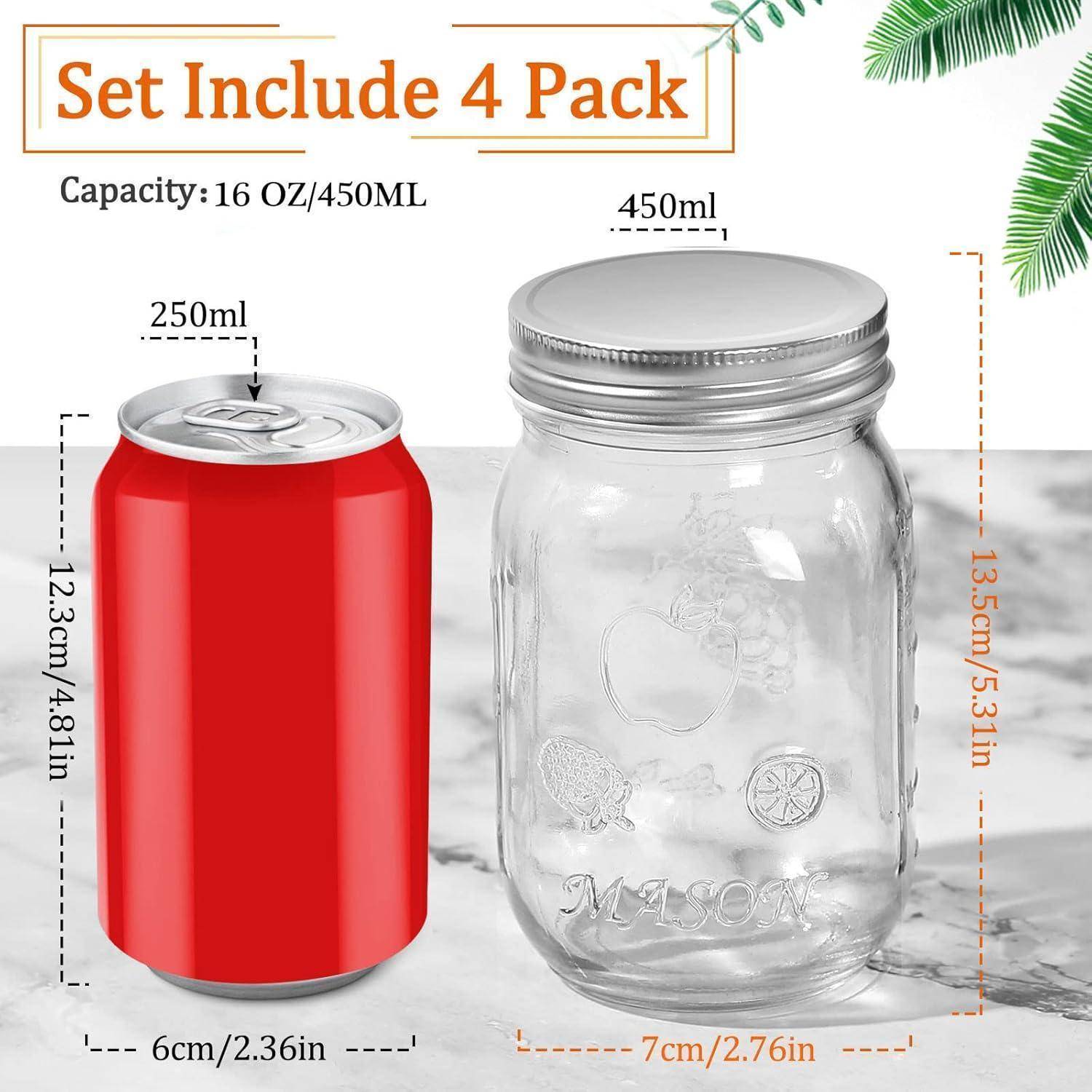 Das ‚Set Include 4 Pack' umfasst ein 450-ml-Glas und eine 250-ml-rote Getränkedose, wobei die jeweiligen Abmessungen für jeden Behälter detailliert angegeben sind.