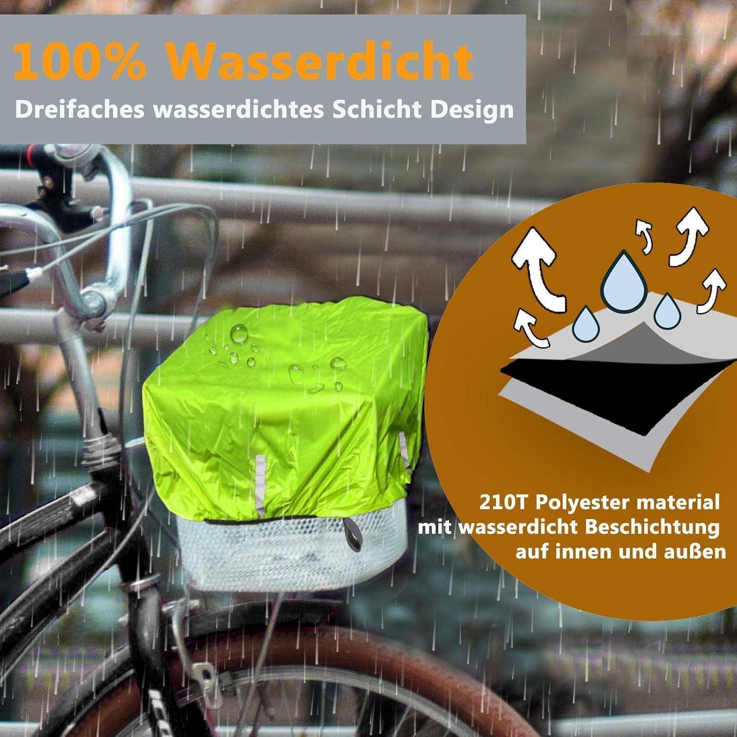 Eine grüne Regenschutzhülle für einen Fahrradkorb mit einer Darstellung, die ein wasserdichtes Design mit dreifacher Schicht zeigt. Text lautet: '100% Wasserdicht'.