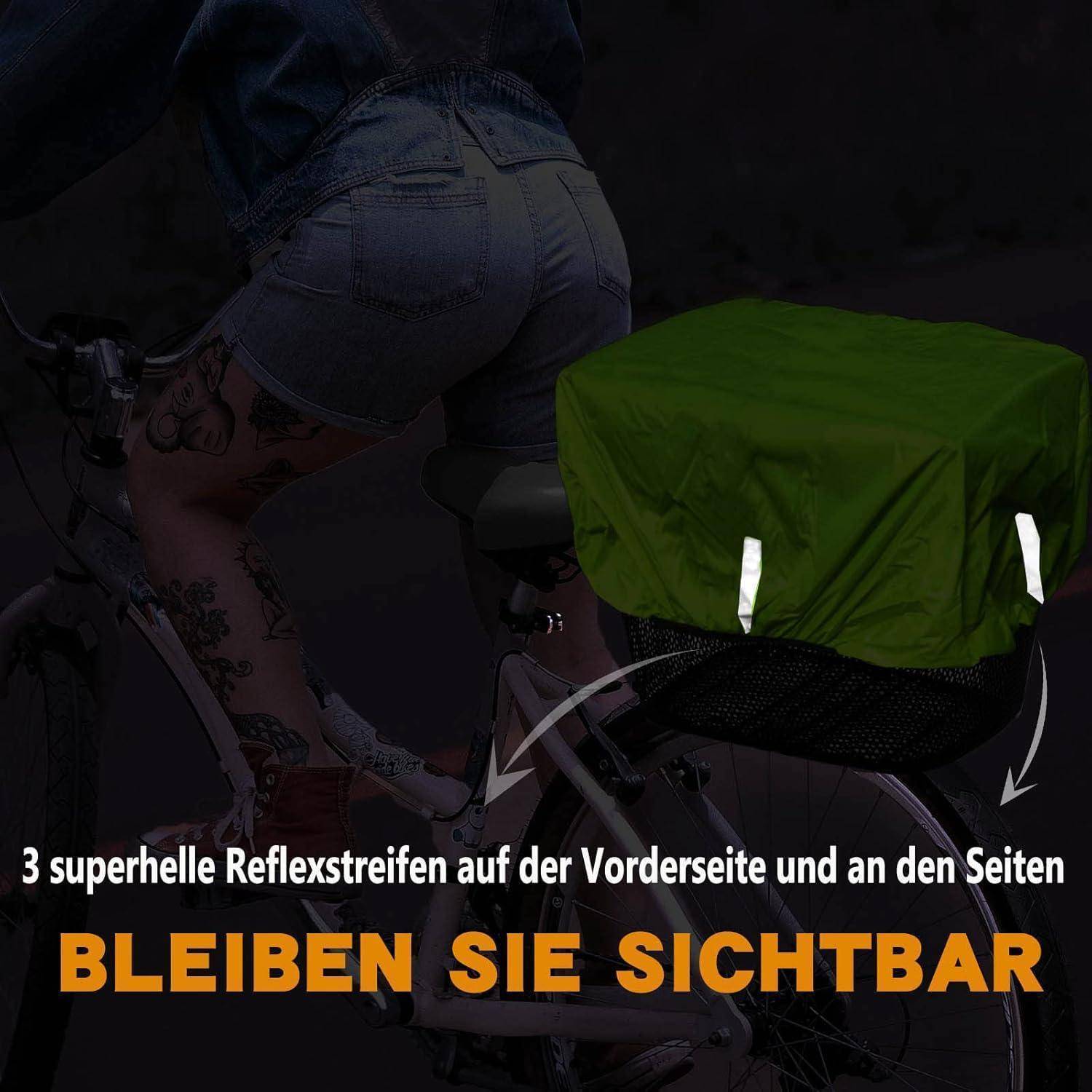 Ein Fahrradsattelüberzug mit reflektierenden Streifen ist zu sehen. Deutscher Text lautet: '3 superhelle Reflexstreifen auf der Vorderseite und an den Seiten. Bleiben Sie sichtbar.