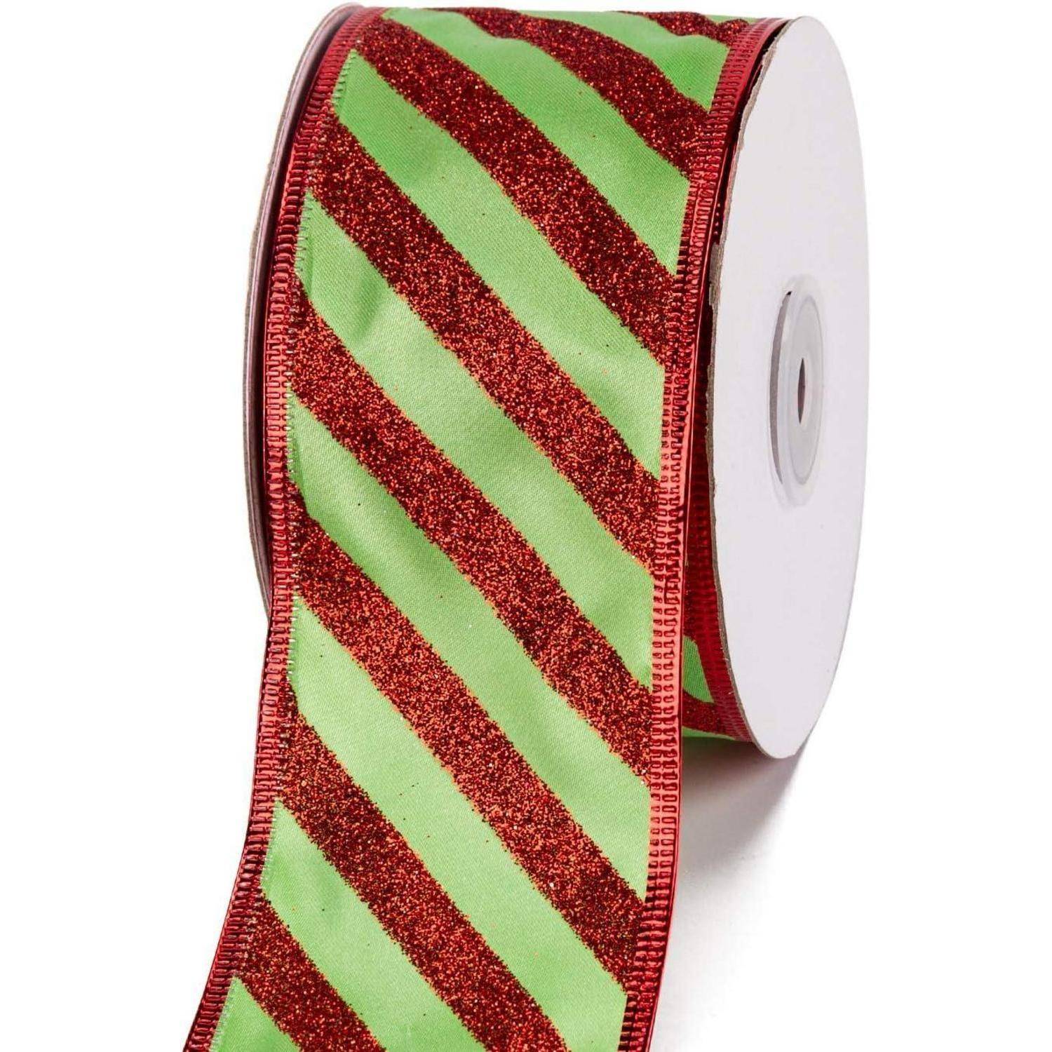 Ein grünes Band mit diagonalen roten Glitzerstreifen, auf eine Rolle gewickelt.