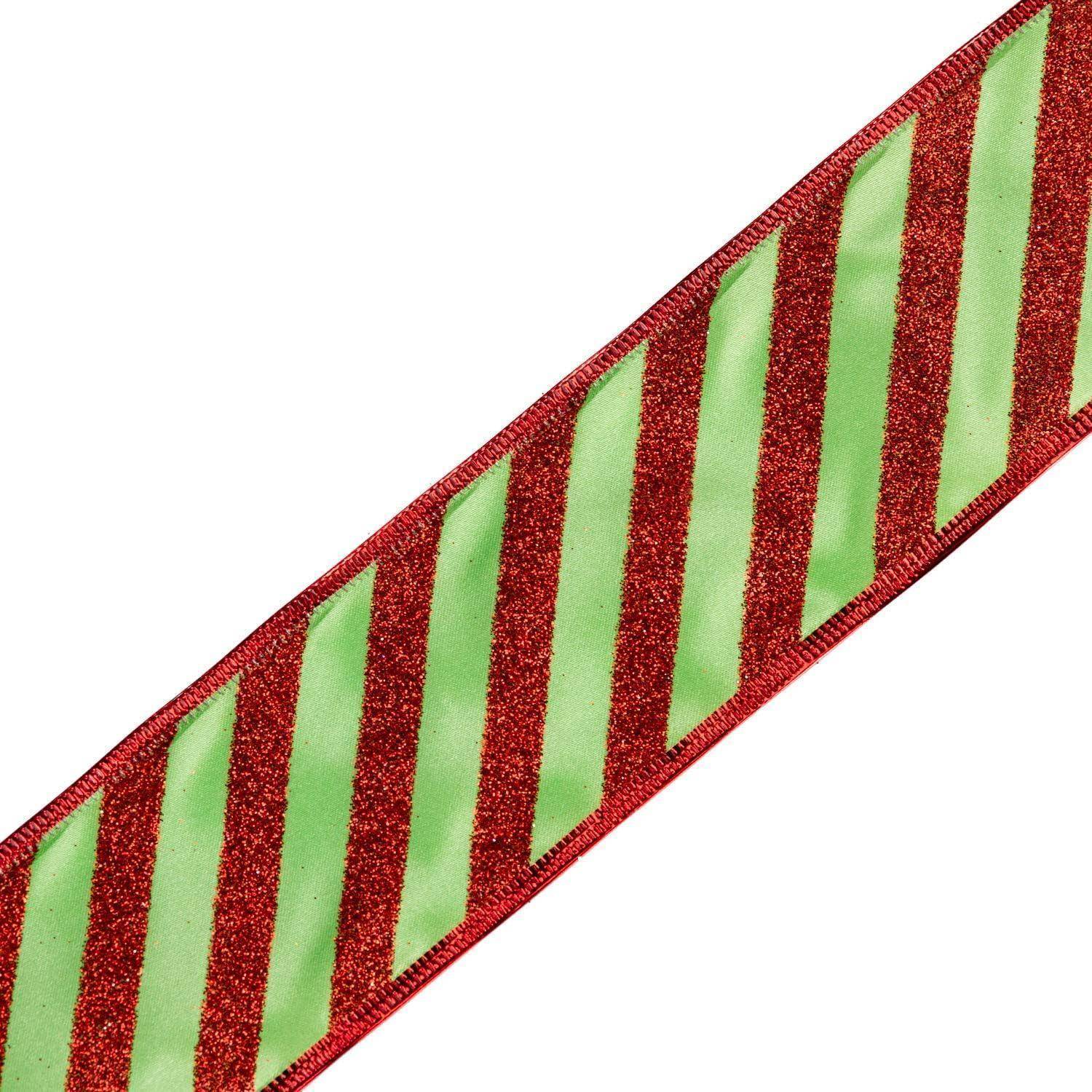 Ein diagonales gestreiftes Band mit abwechselnden roten Glitzer- und leuchtend grünen Streifen, das einen festlichen Feiertagslook kreiert.