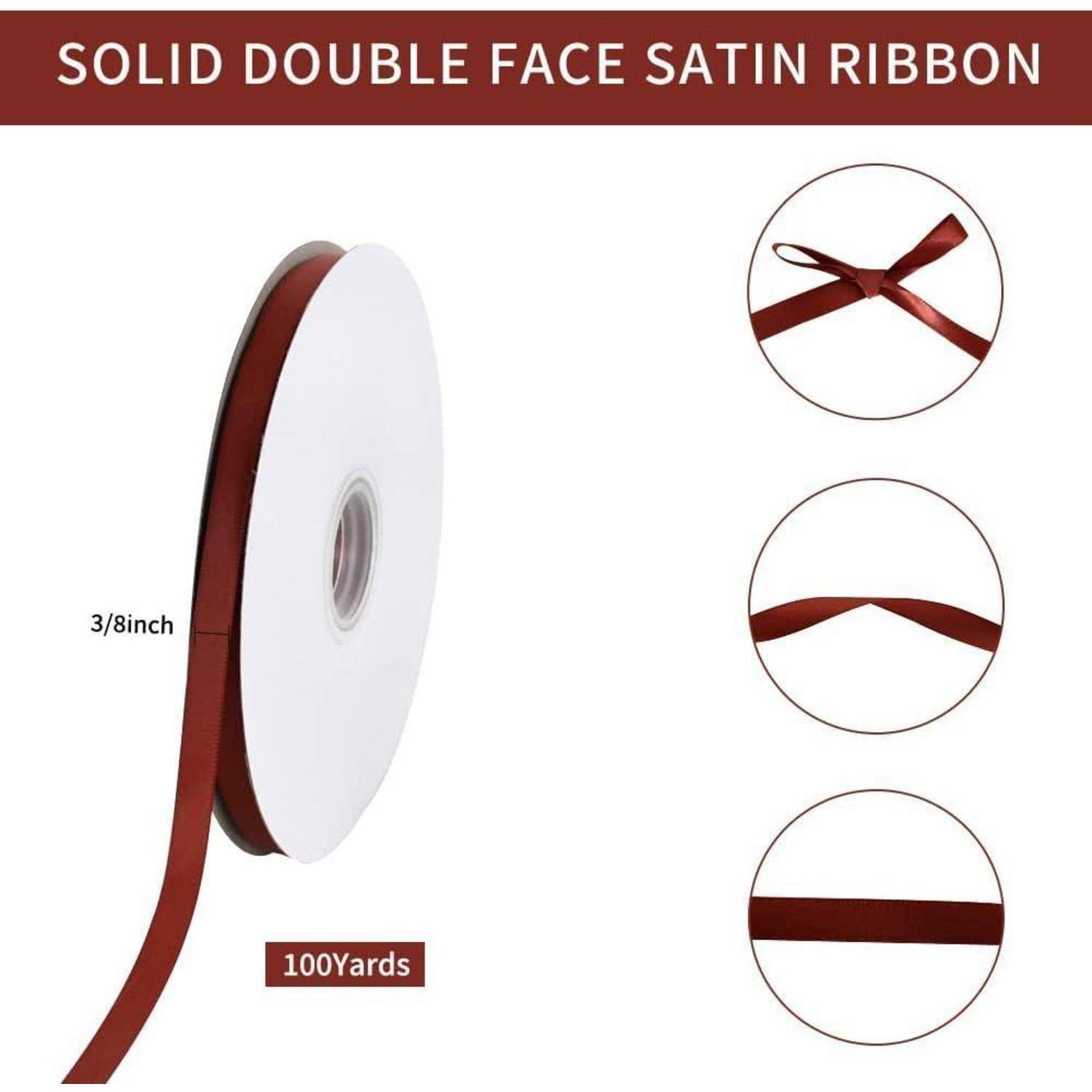 Massives Doppelgesichts-Satinband in Maroon, 3/8 Zoll breit, 100 Yards lang. Bilder zeigen Bandspule und verschiedene Ansichten des Bandes.
